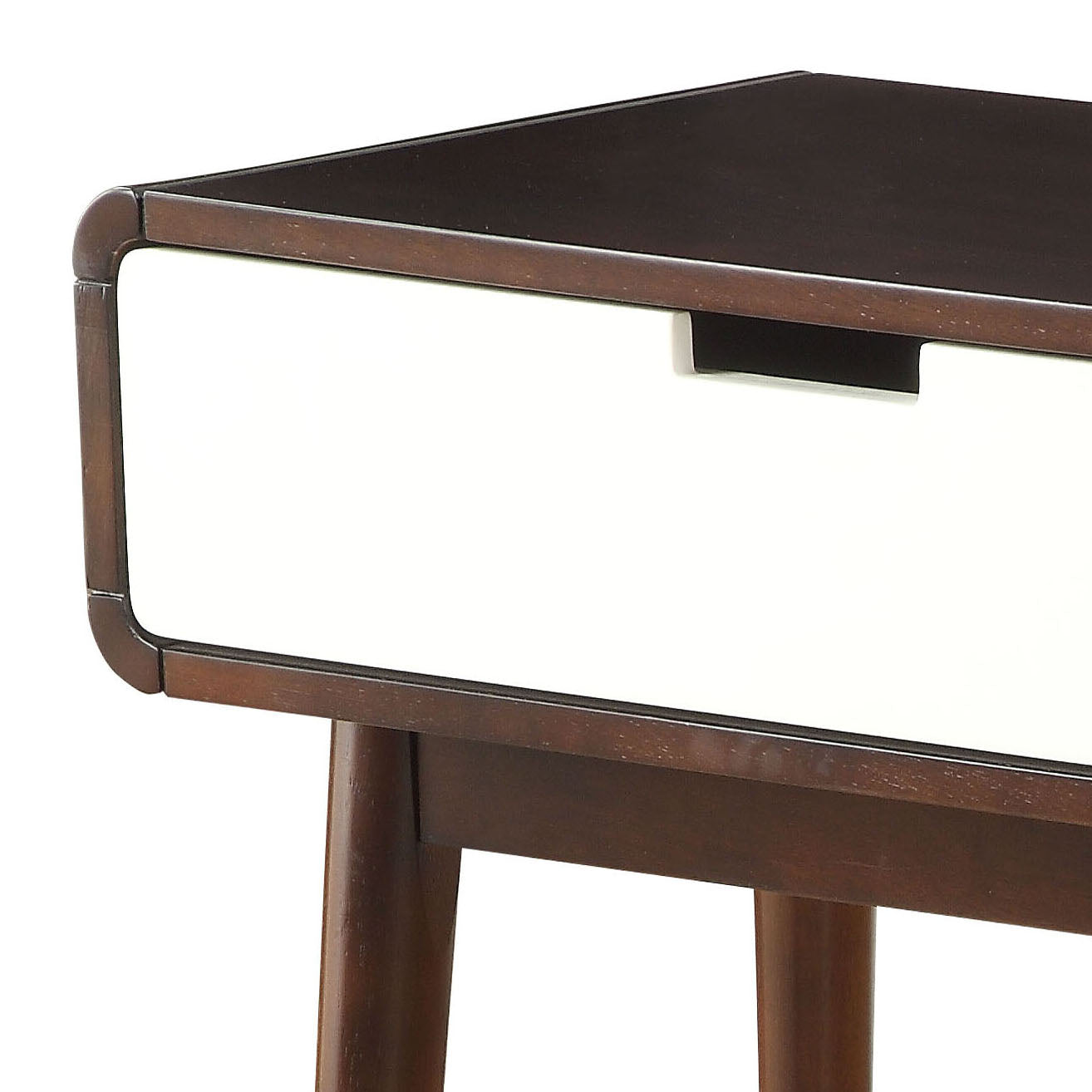 Midcentury modern walnut and white drawer nightstand with tapered legs