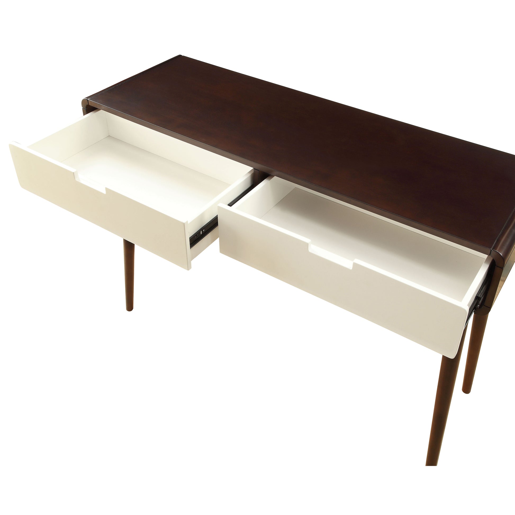 Dark wood console table with two open white drawers and tapered legs