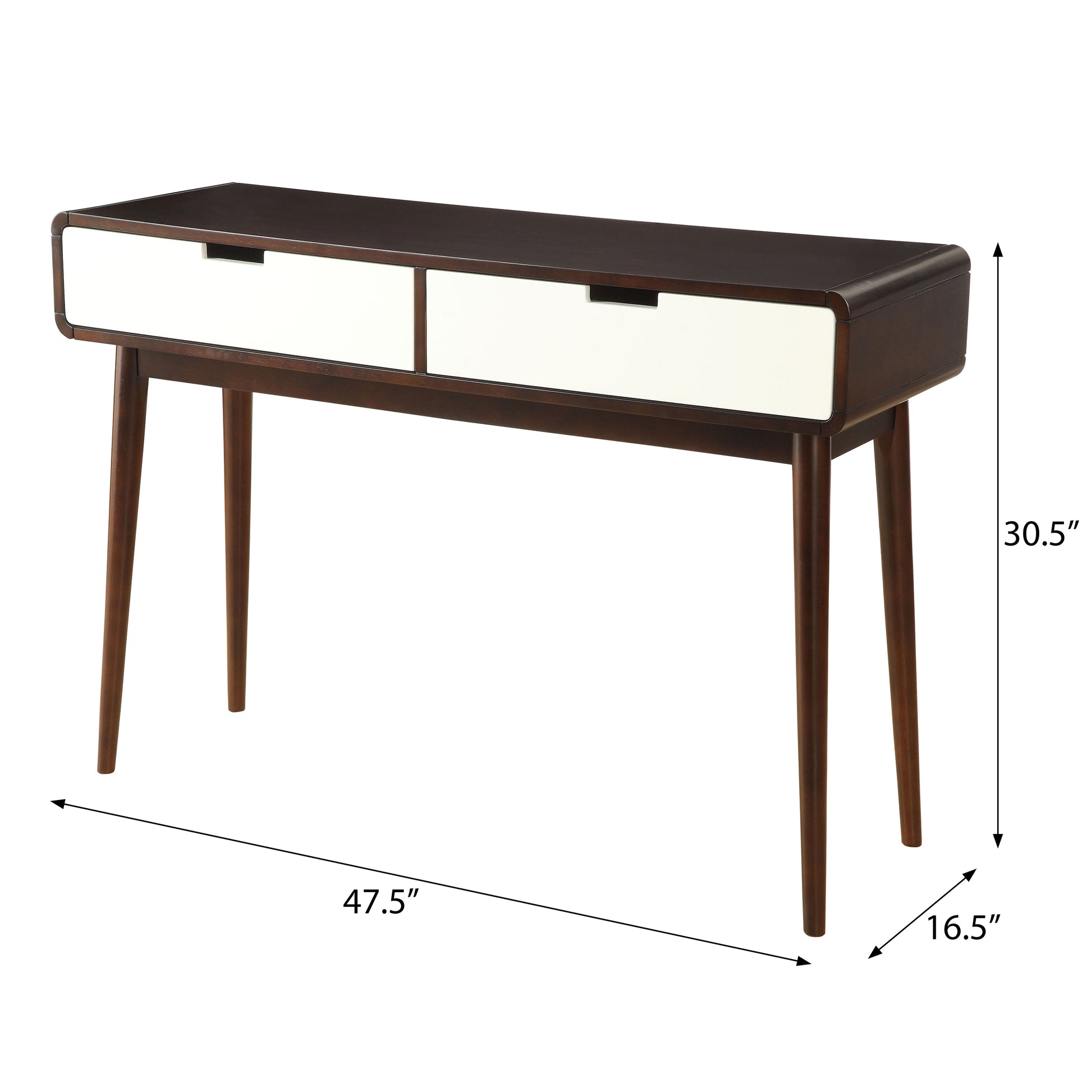 Midcentury modern walnut console table with two cream drawers and tapered legs