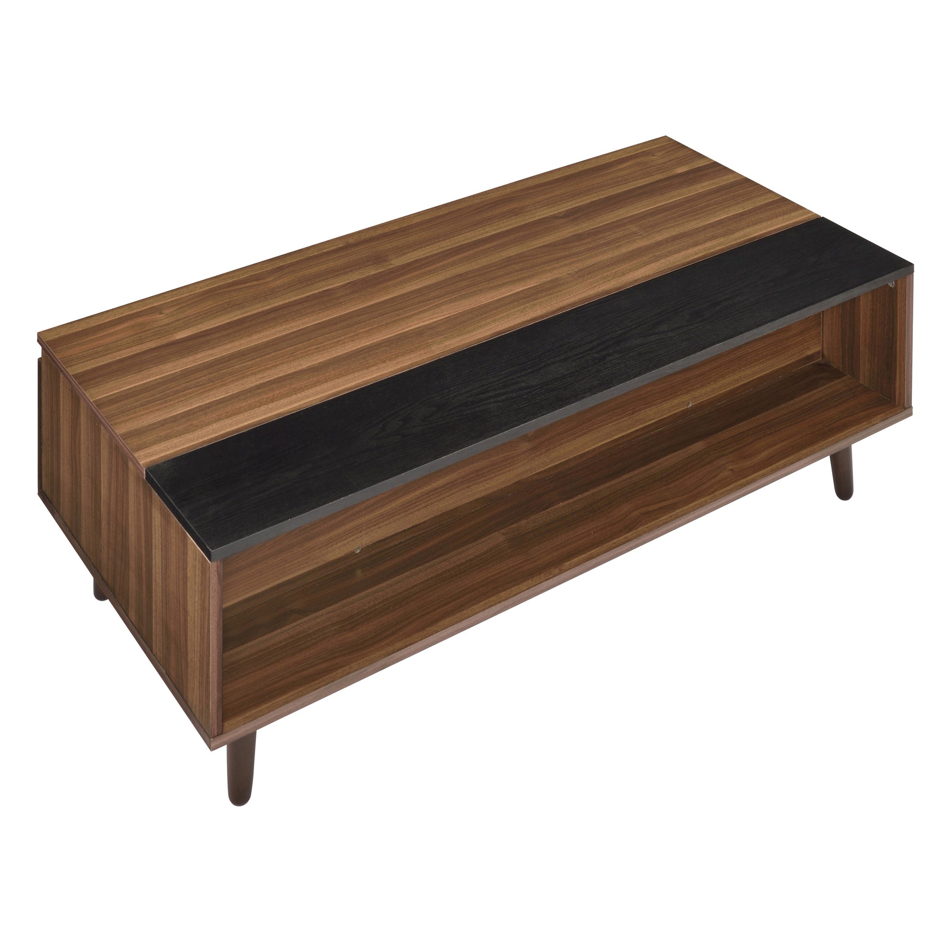 Modern walnut wood coffee table with black accent stripe and open shelf