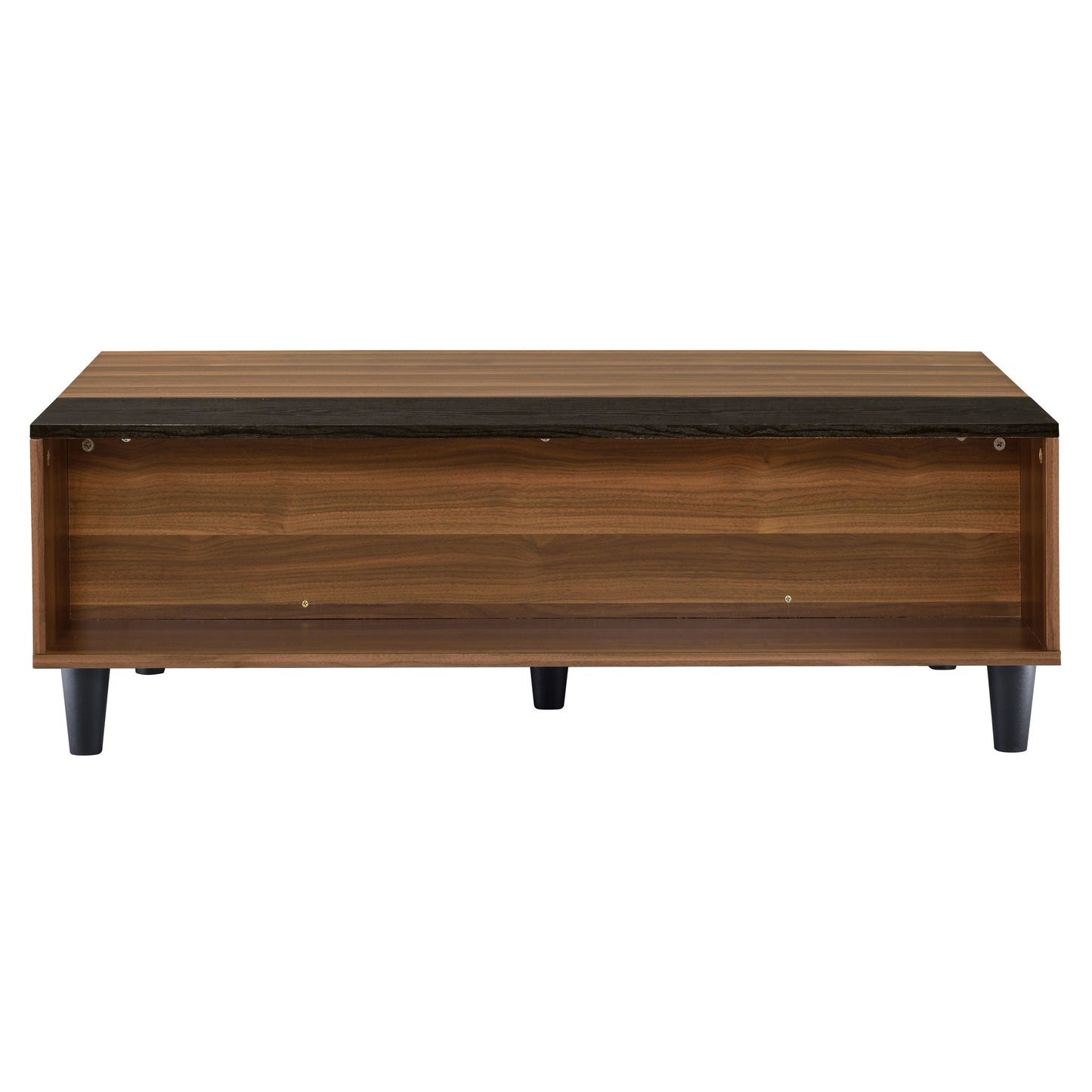 Modern walnut wood coffee table with open shelf and black tapered legs