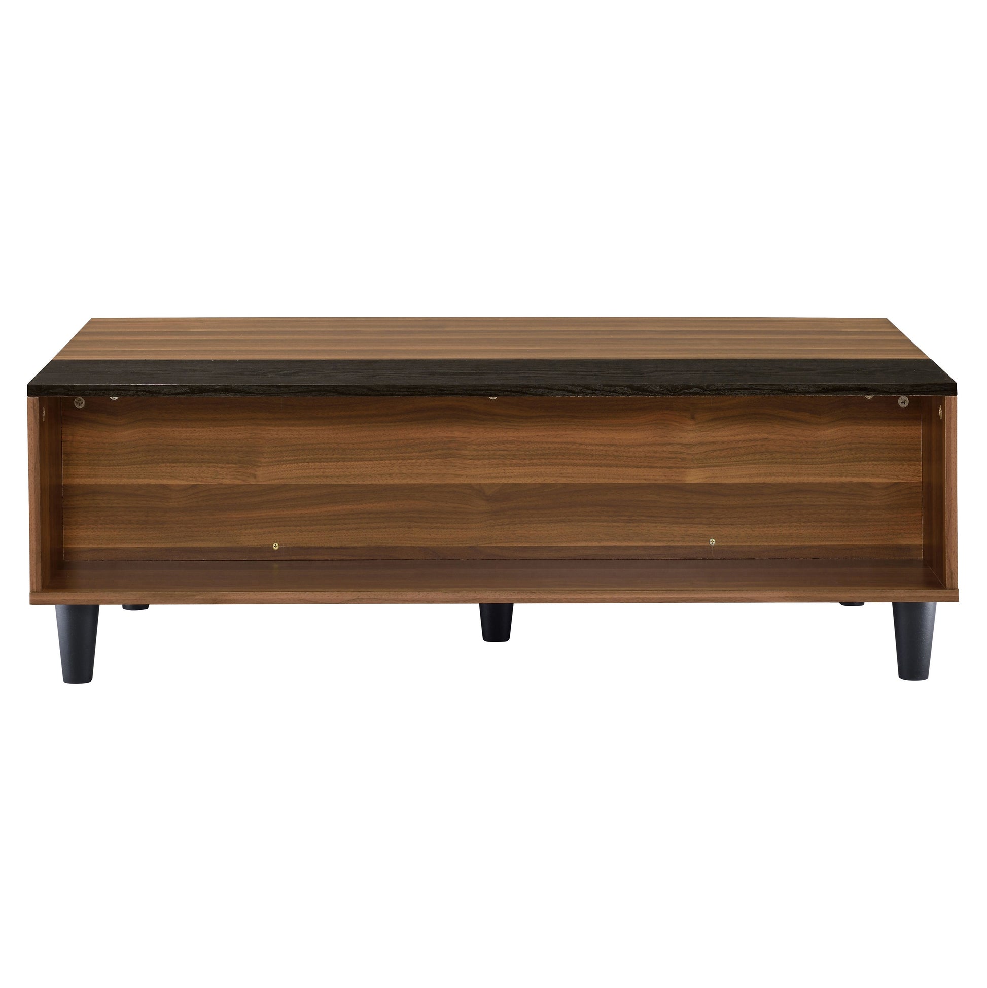 Modern walnut wood coffee table with open shelf and black tapered legs