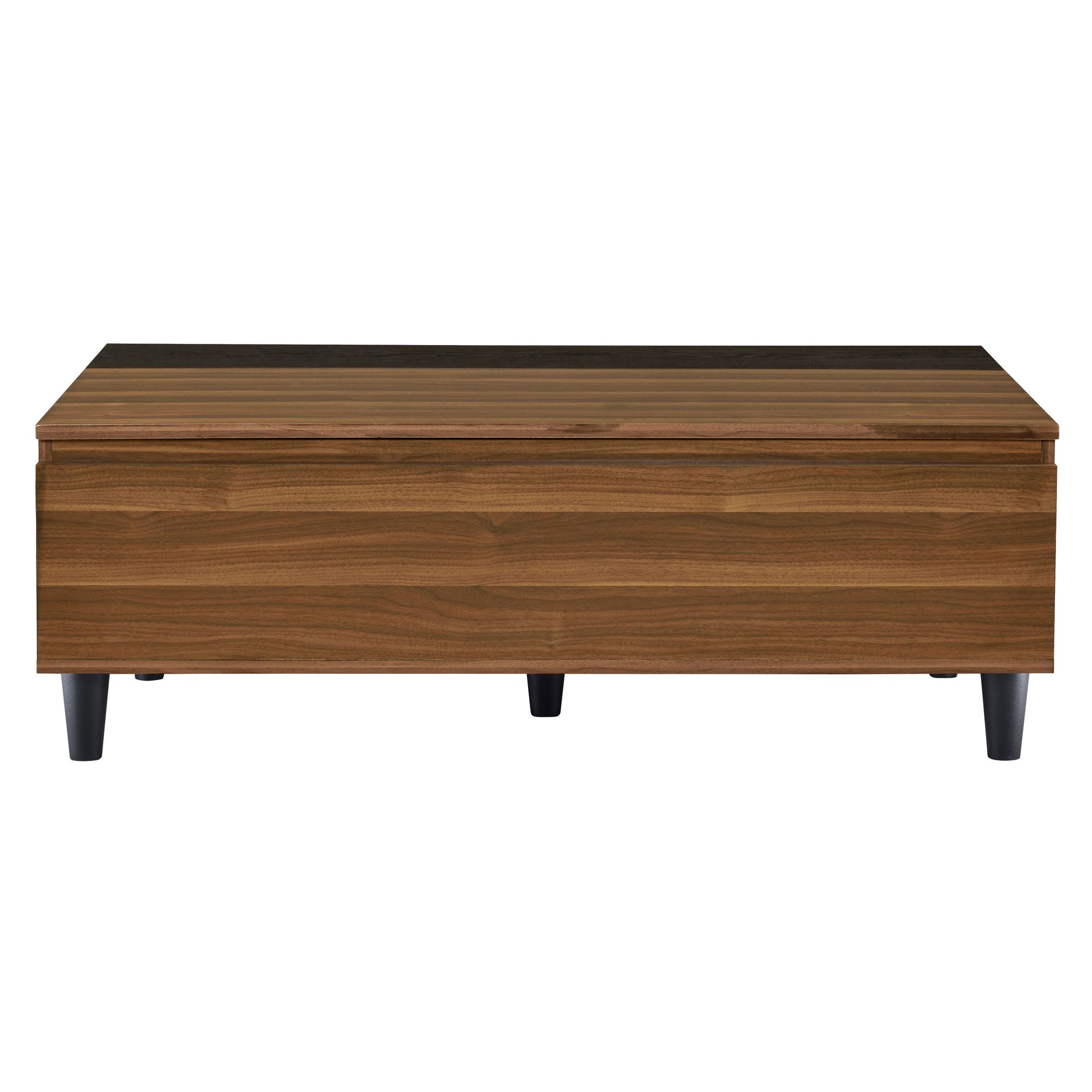 Walnut storage coffee table with black tapered legs and dark wood accent top