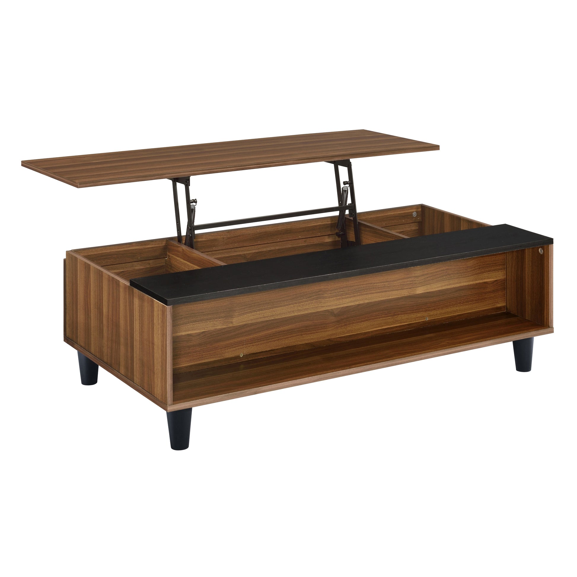 Midcentury modern lift top coffee table with rich walnut finish and black accents