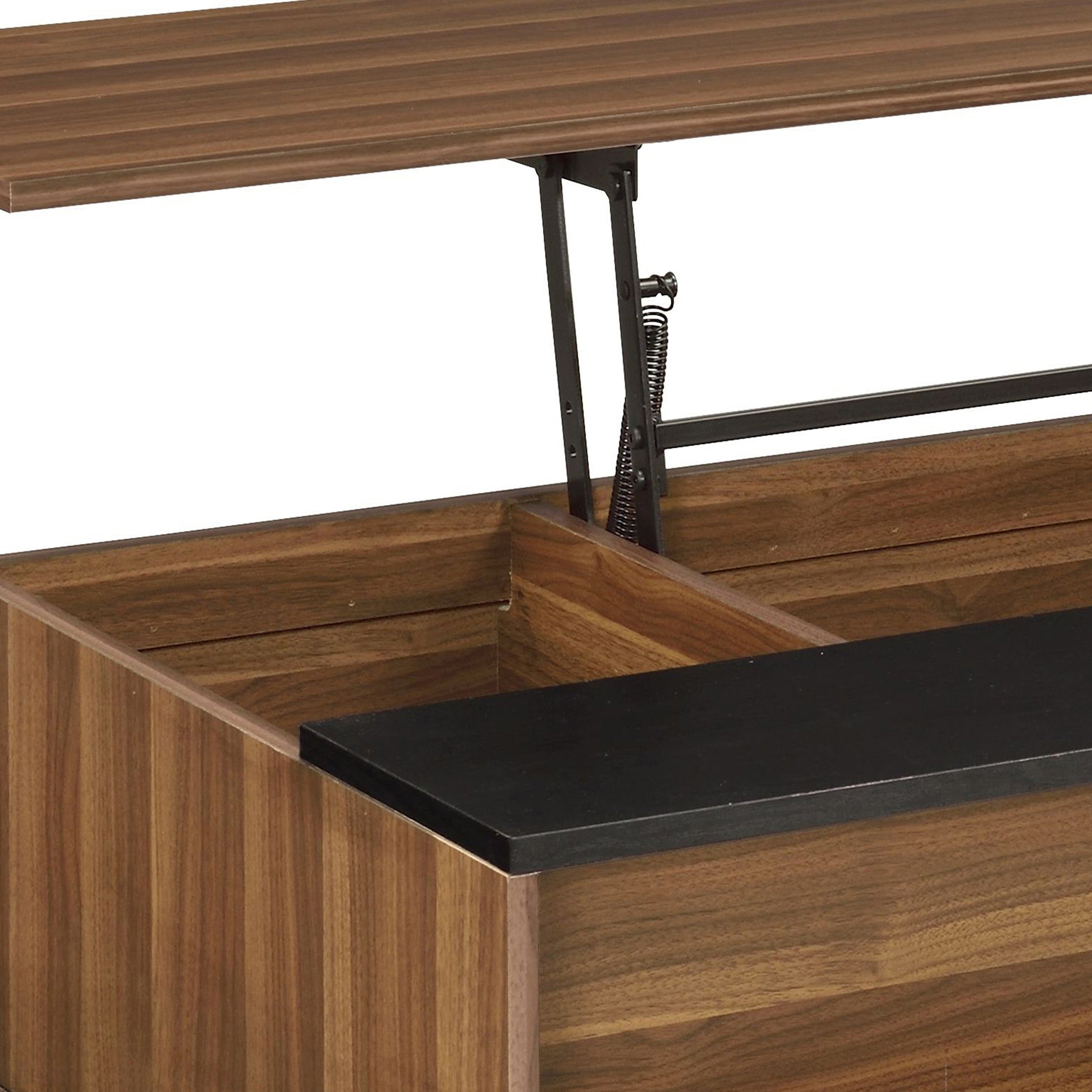 Lift top coffee table with walnut veneer and hidden storage compartment
