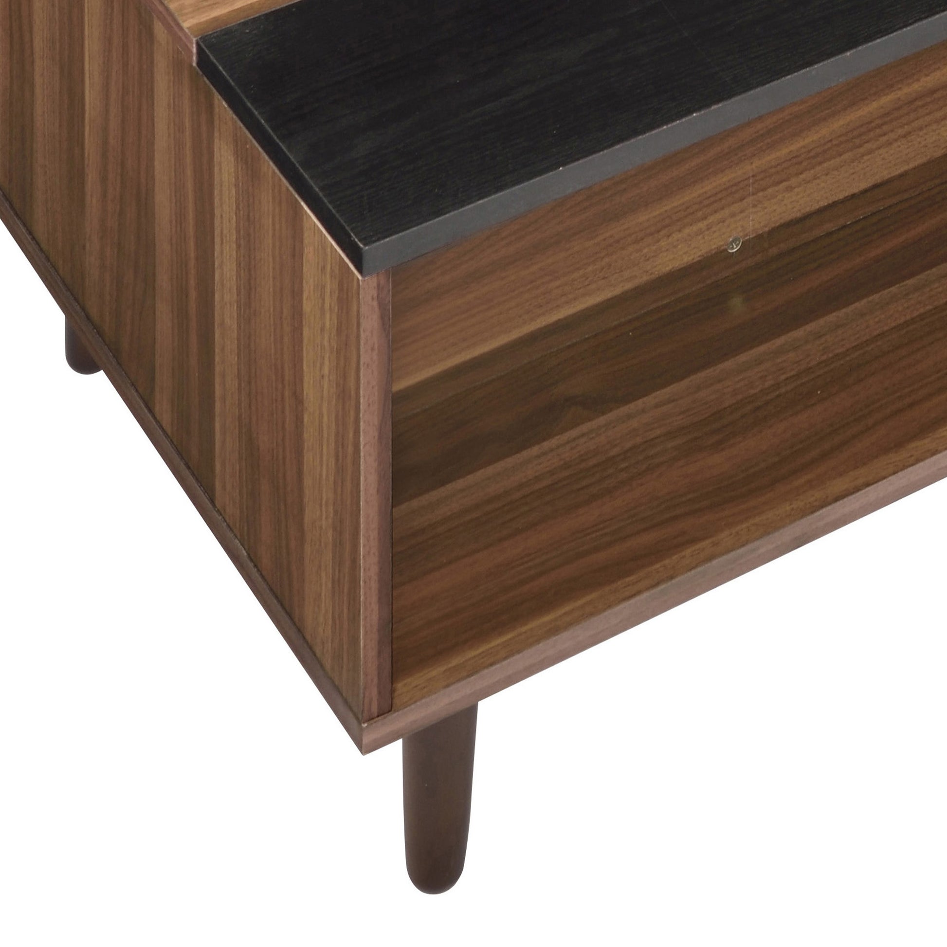 Modern walnut tv stand with black top and tapered legs  characters