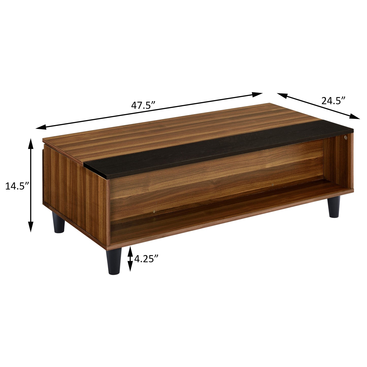 Modern walnut coffee table with open shelving and black accents