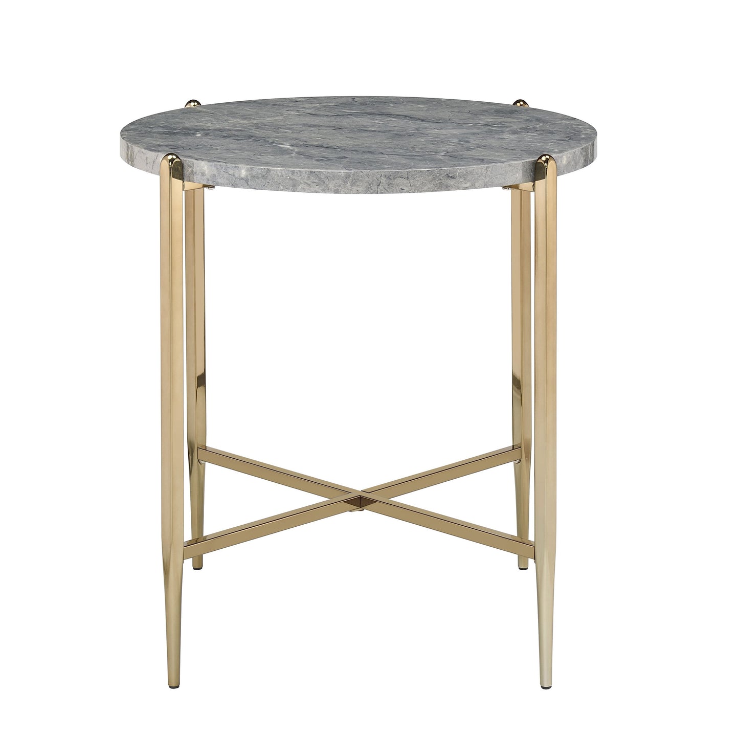 Round gray marble side table with gold metal base and crossleg support