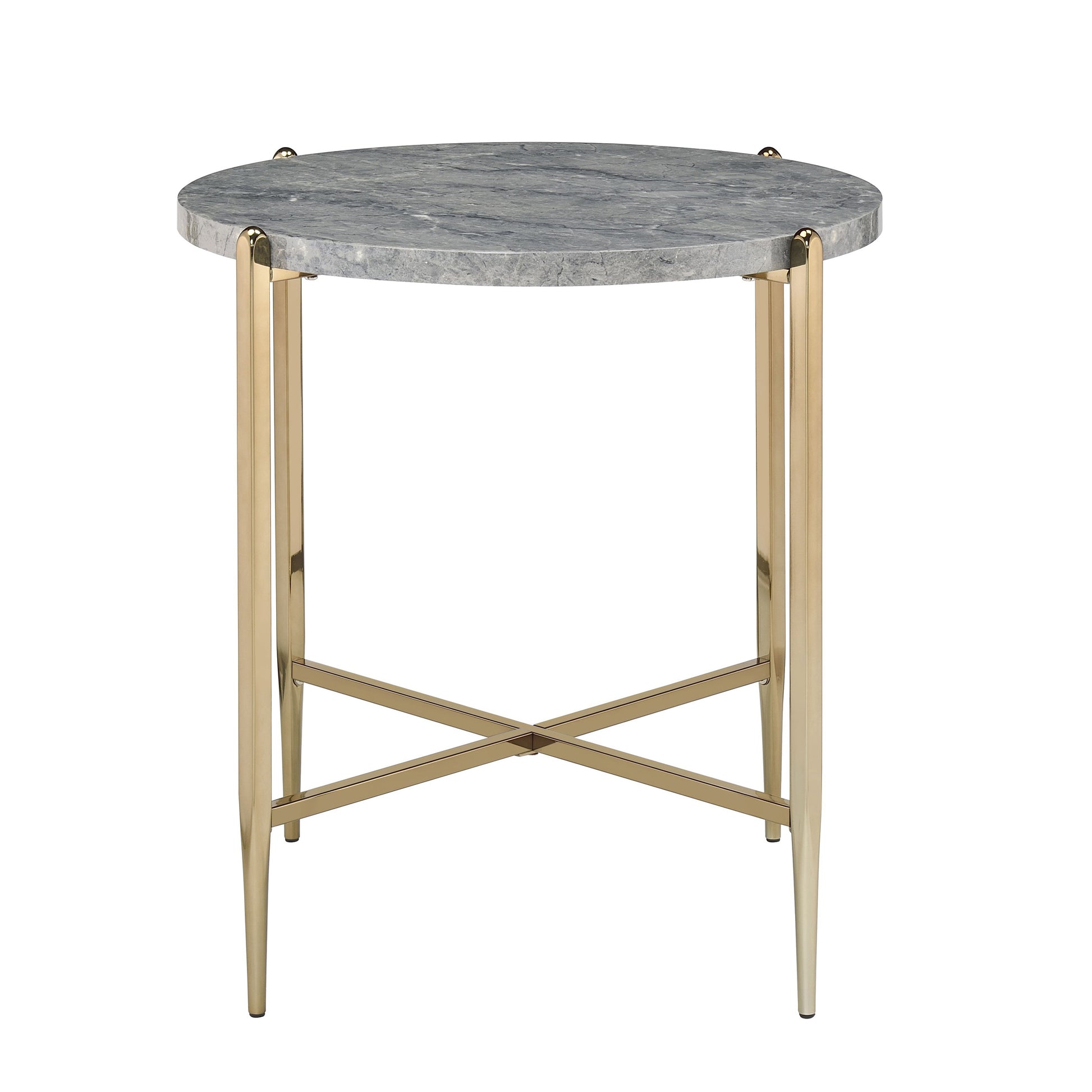 Round gray marble side table with gold metal base and crossleg support