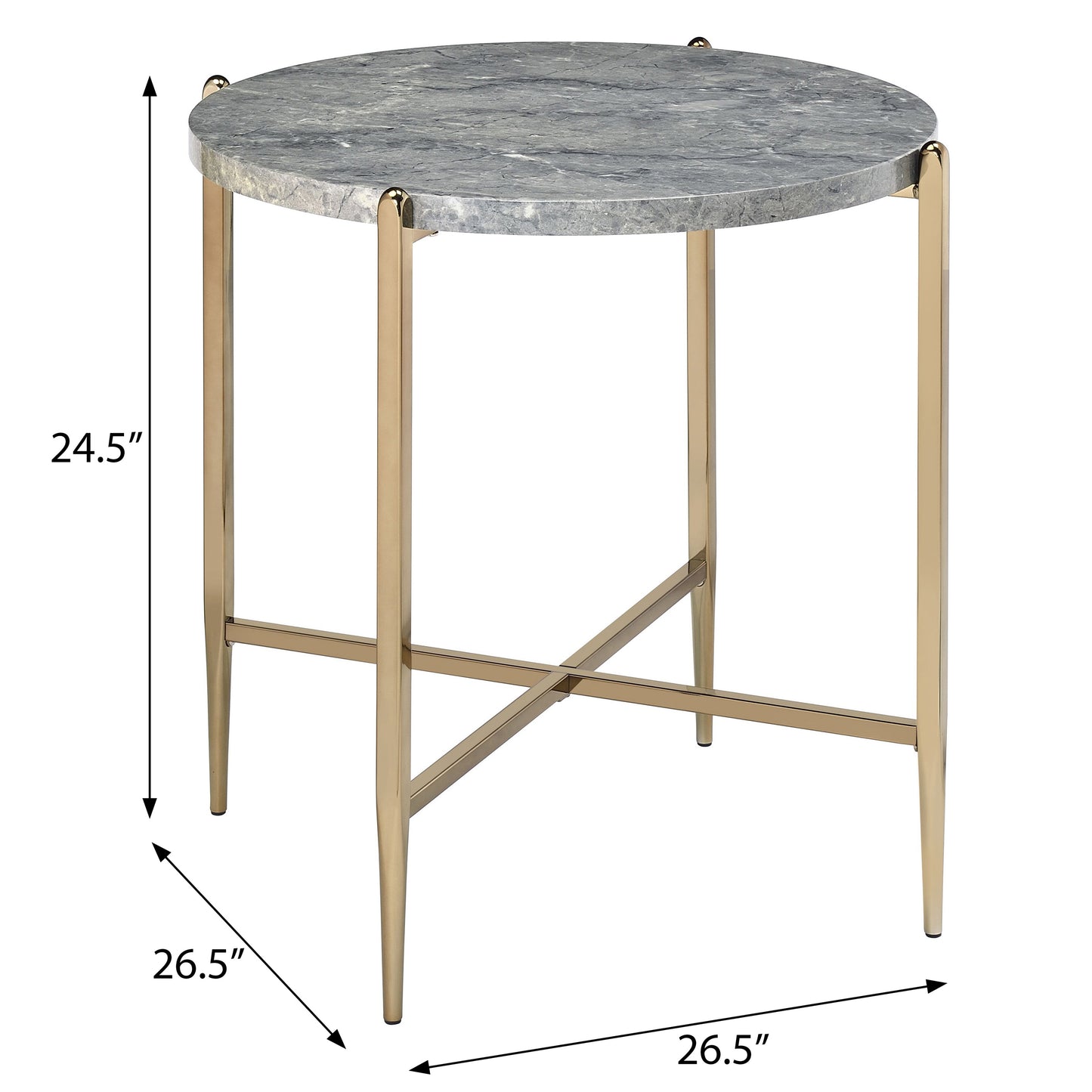Round marble end table with gold metal base and legs