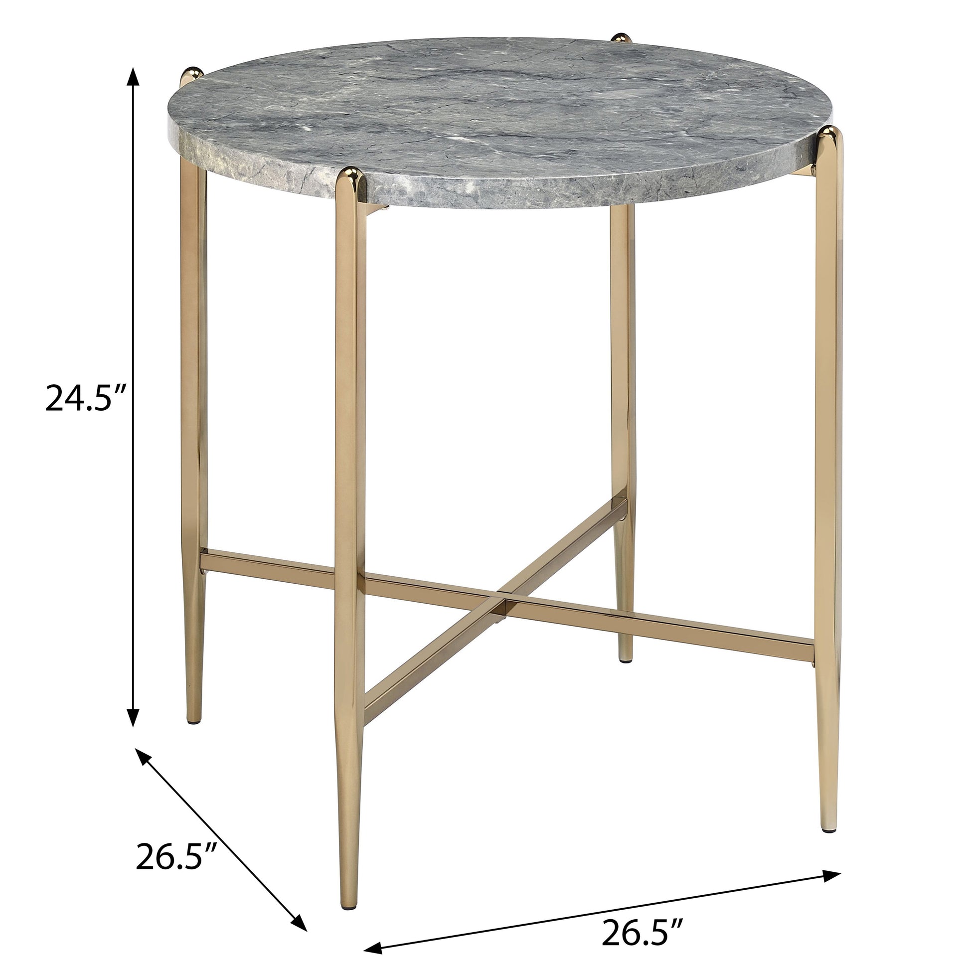 Round marble end table with gold metal base and legs