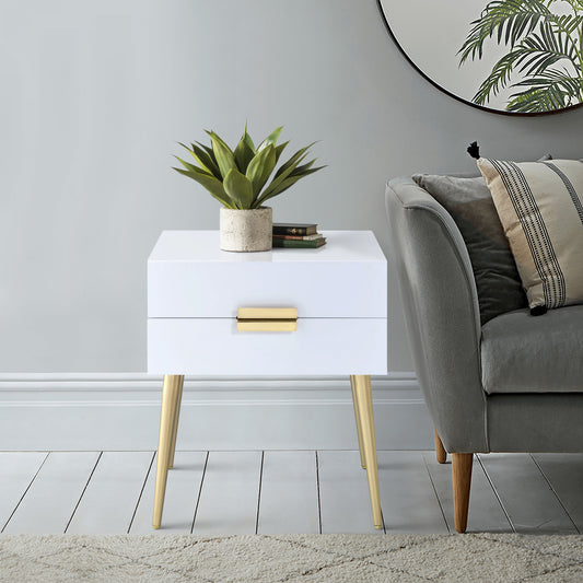 White gloss twodrawer nightstand with gold pull and tapered gold legs