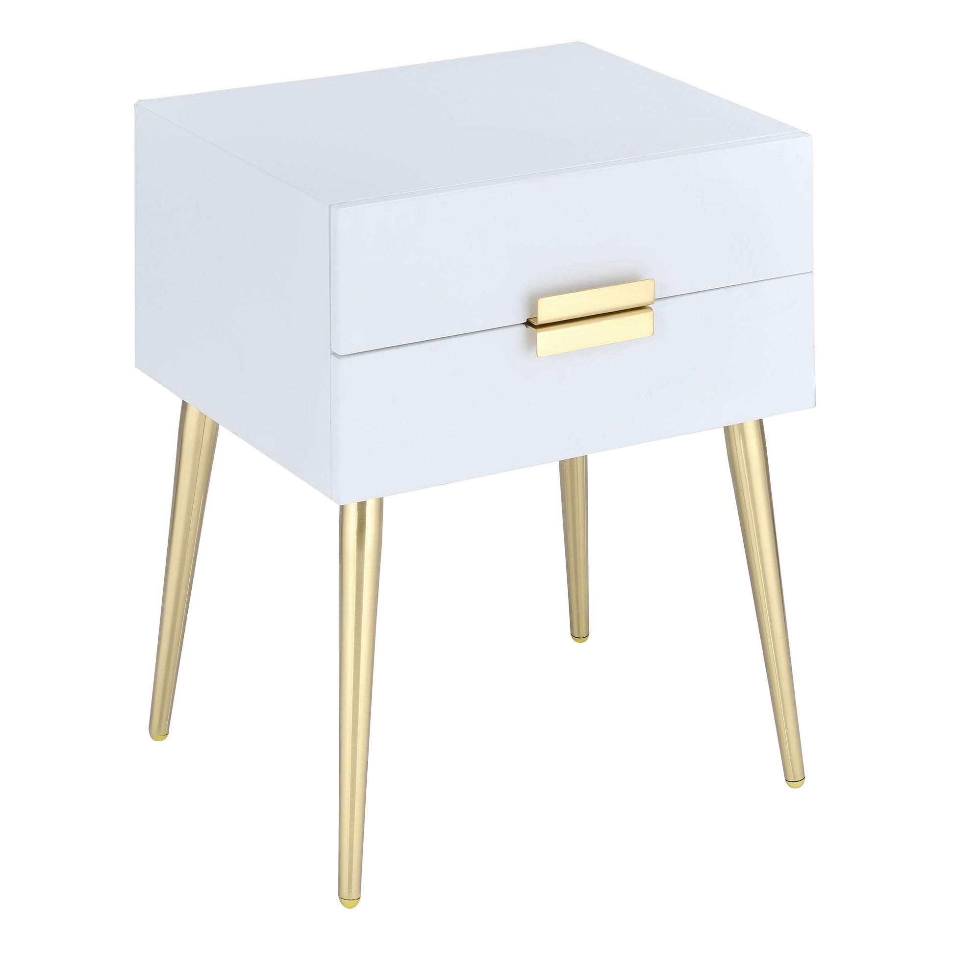 White modern nightstand with gold drawer pull and tapered gold legs