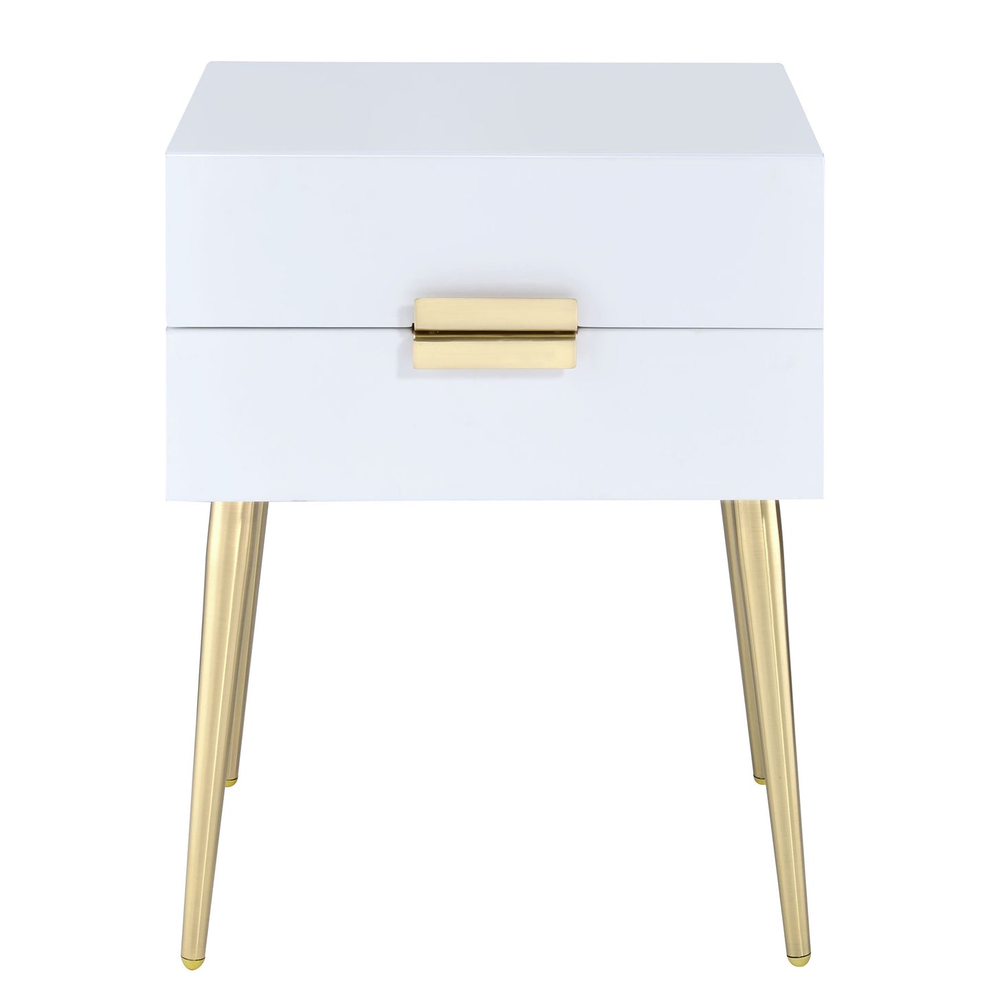 Modern white nightstand with gold drawer pull and tapered gold legs
