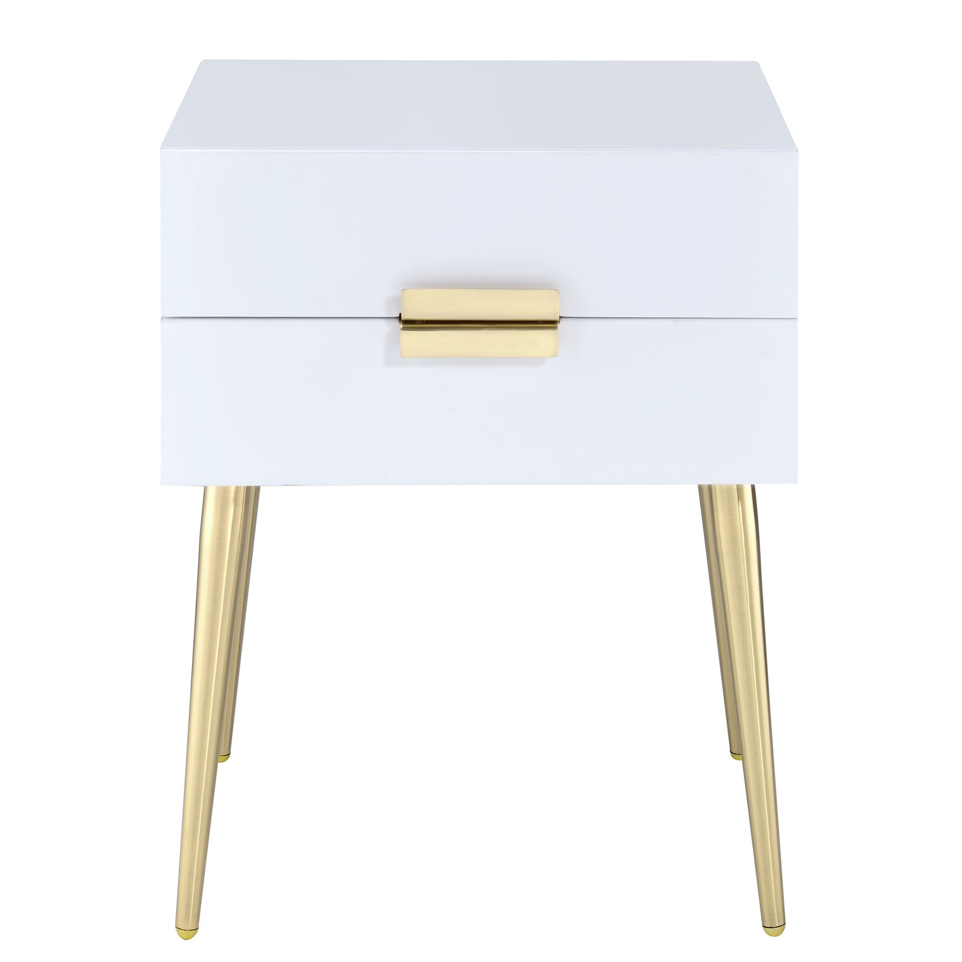 Modern white nightstand with gold drawer pull and tapered gold legs