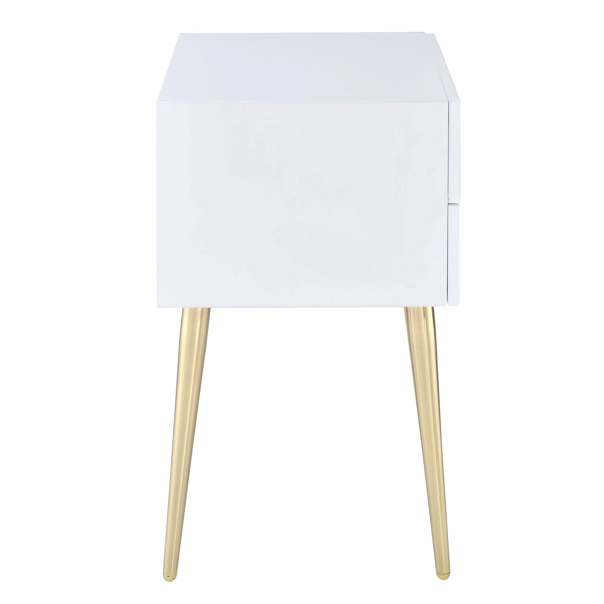 Modern white bedside table with gold tapered legs