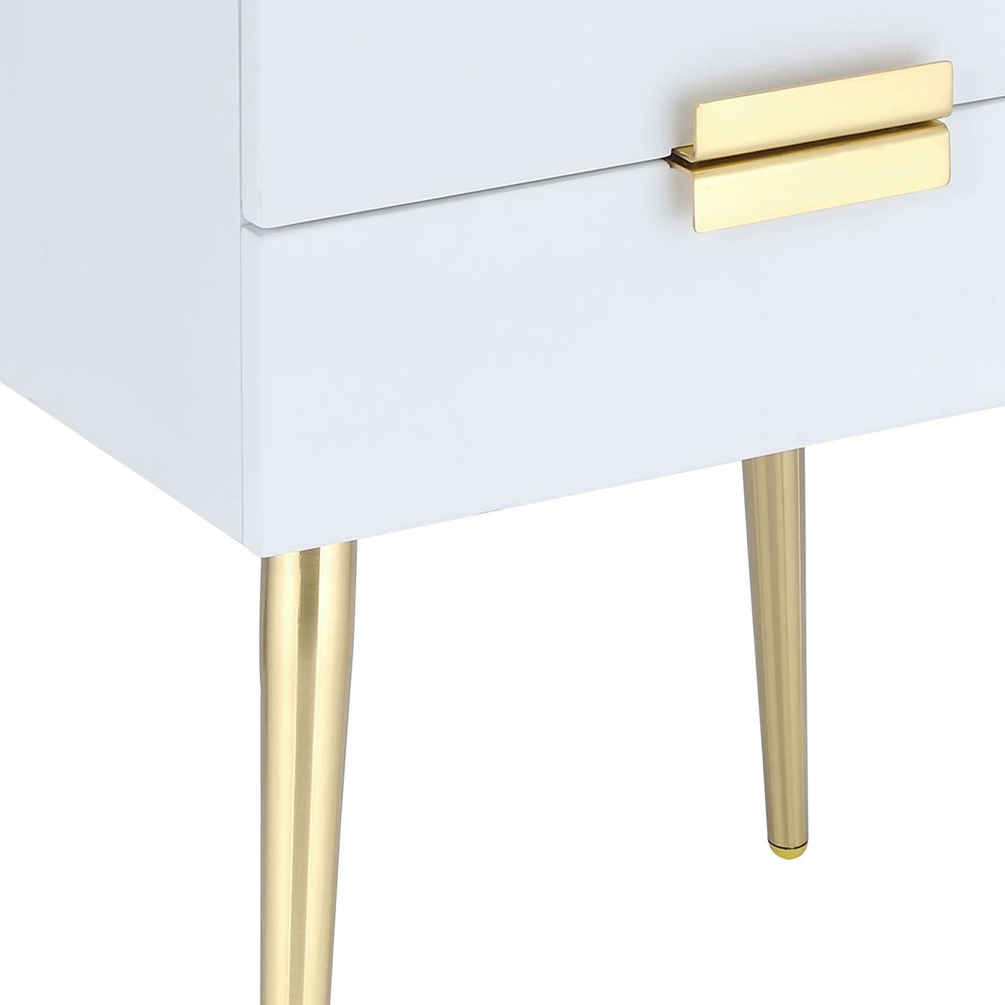 White nightstand with gold drawer pull and tapered legs for modern bedroom decor