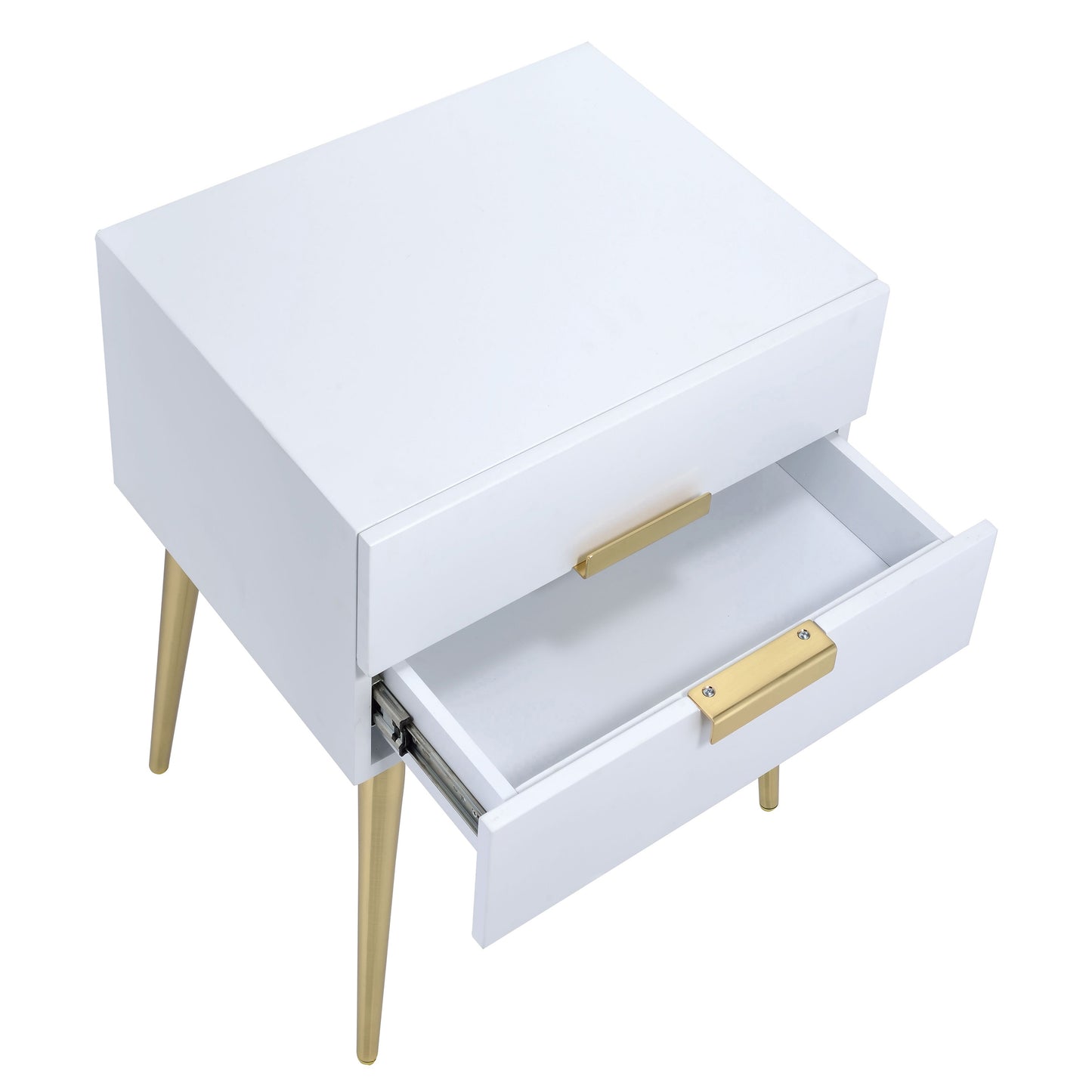 Modern white nightstand with gold accents and tapered legs
