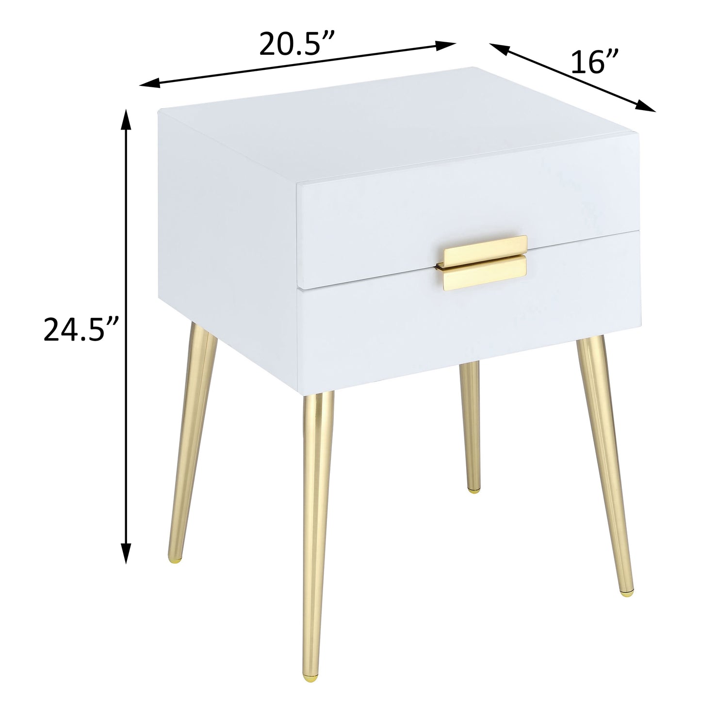 White modern nightstand with gold drawer pull and tapered legs