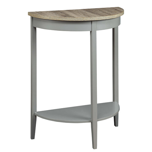 Gray halfmoon console table with woodgrain top surface