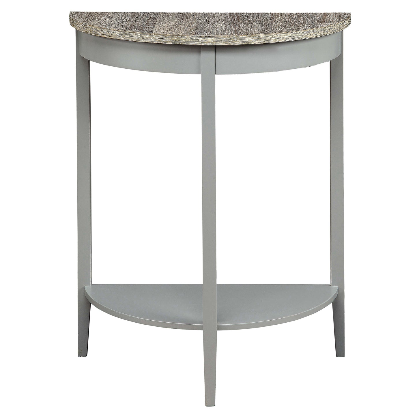 Gray halfmoon console table with faux wood top perfect for entryways