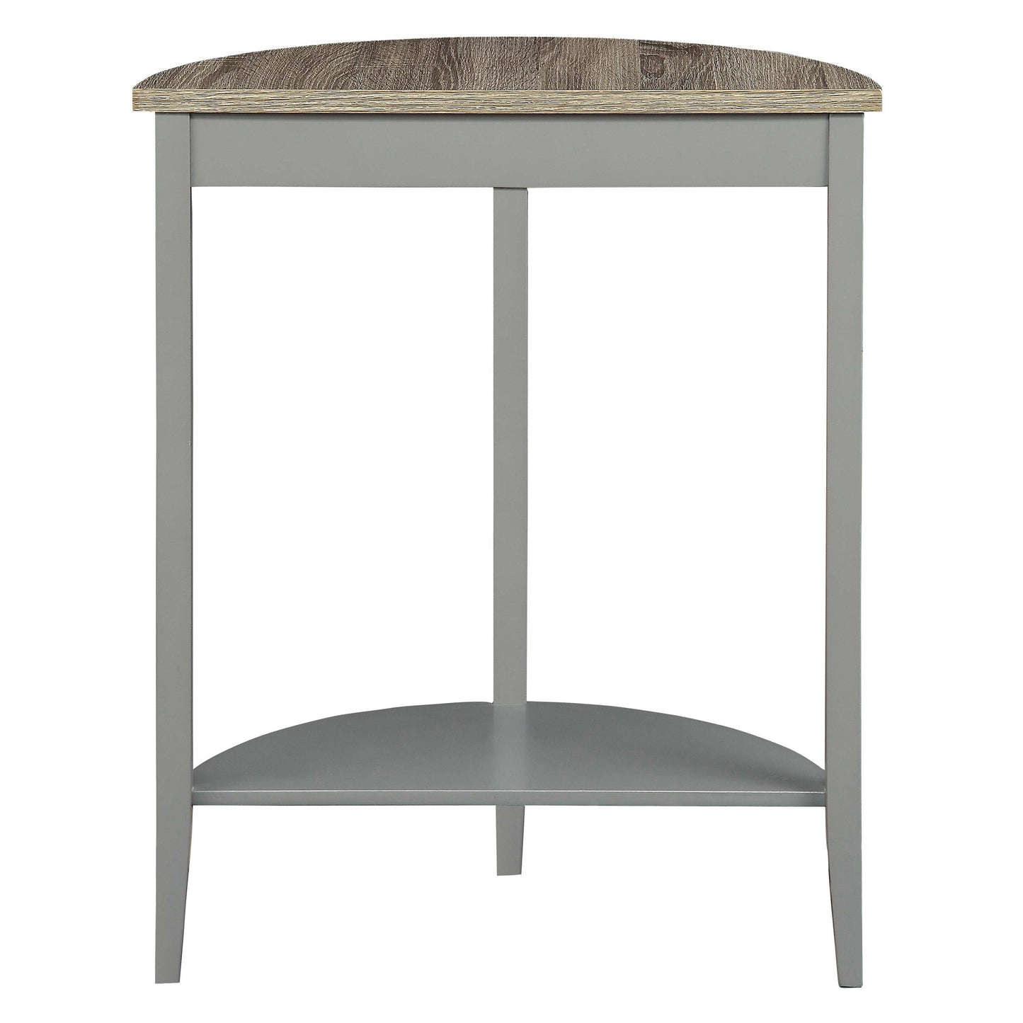 Gray accent table with curved wood grain top and lower shelf