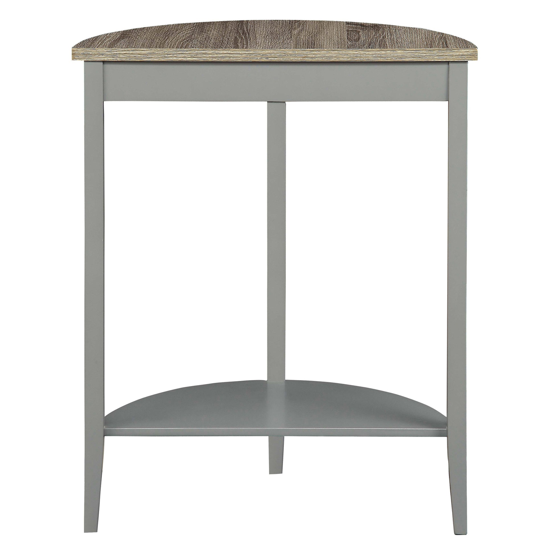 Gray accent table with curved wood grain top and lower shelf