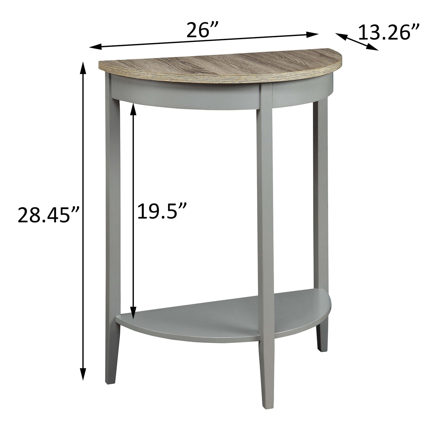 Gray halfmoon console table with woodgrain top and lower shelf