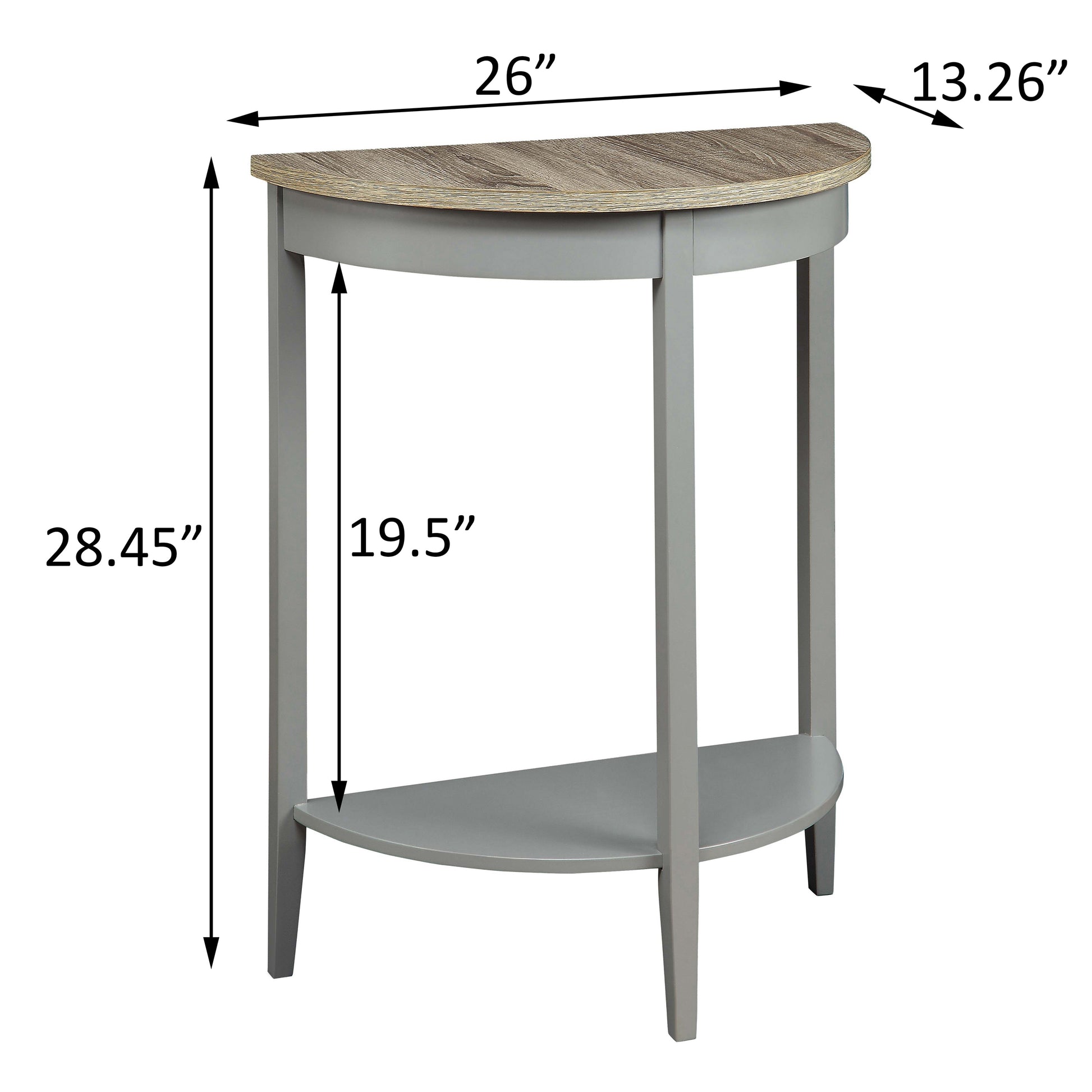 Gray halfmoon console table with woodgrain top and lower shelf