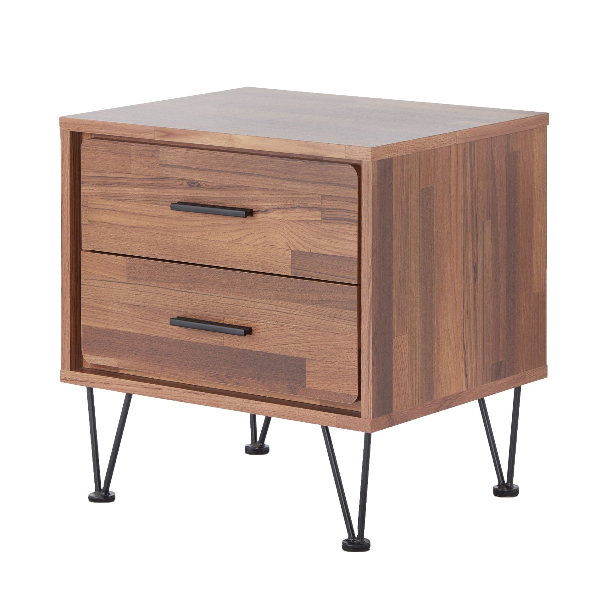 Midcentury modern walnut veneer nightstand with two drawers and black hairpin legs