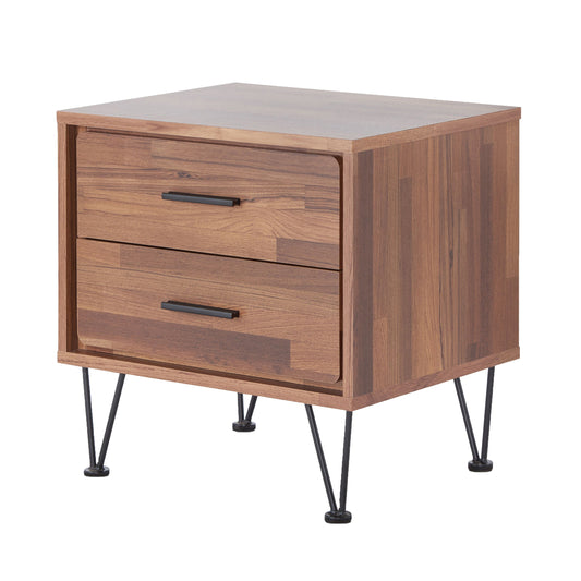 Midcentury modern walnut veneer nightstand with two drawers and black hairpin legs