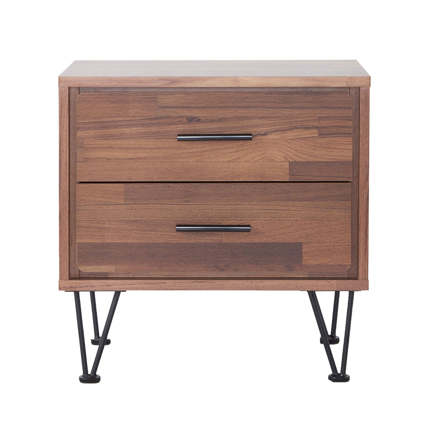 Modern walnut veneer nightstand with two drawers and sleek metal hairpin legs