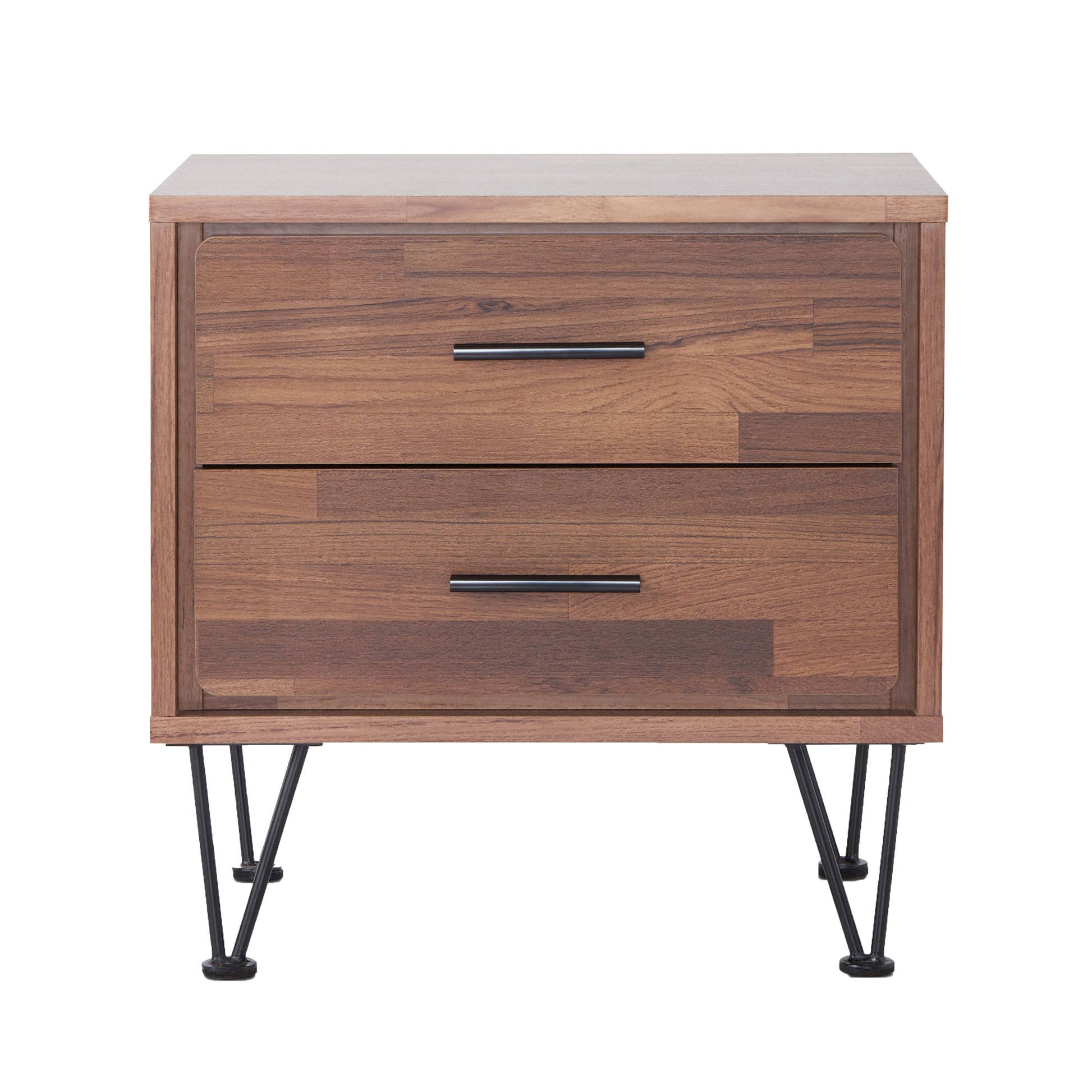 Modern walnut veneer nightstand with two drawers and sleek metal hairpin legs