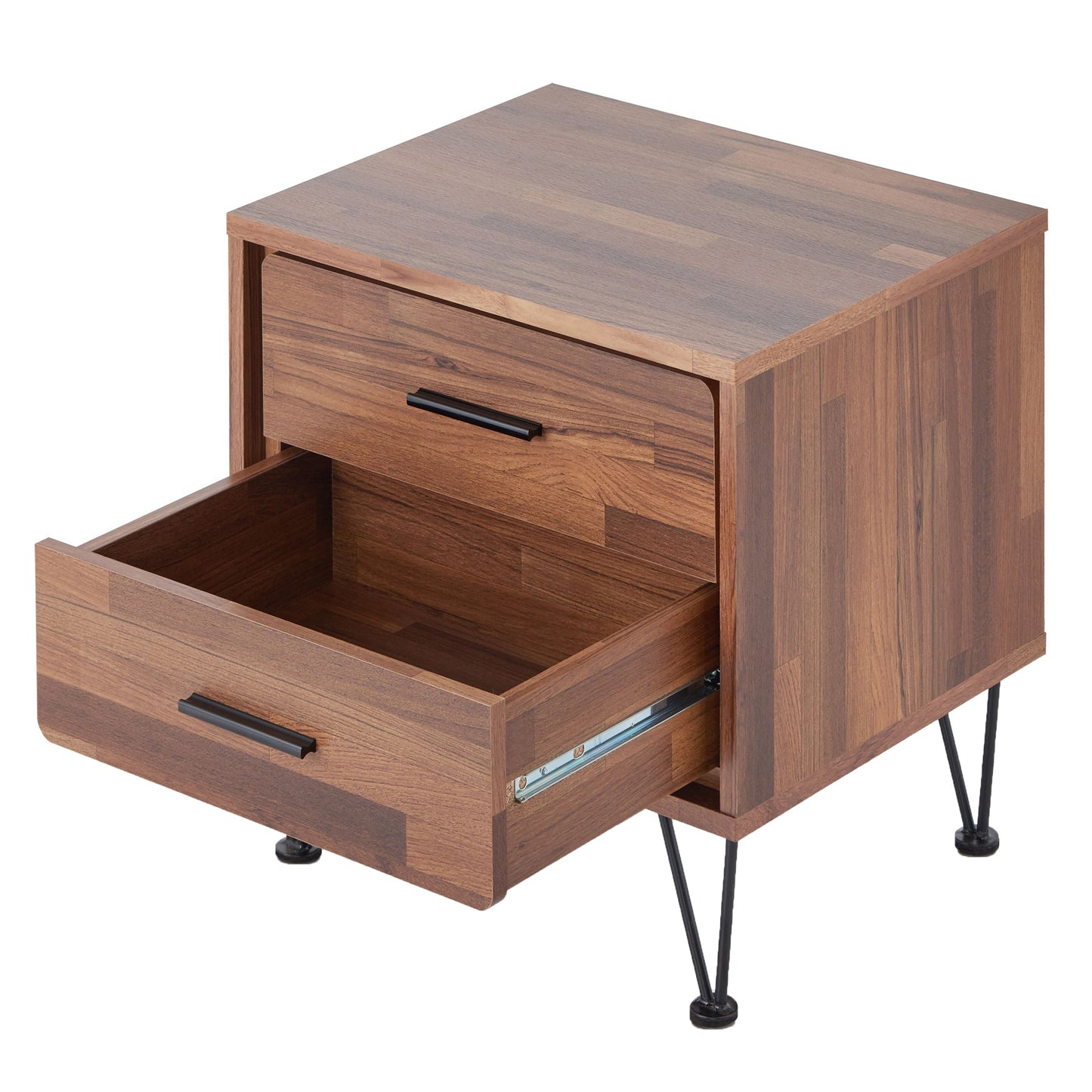 Modern walnut bedside table with open drawer and black hairpin legs