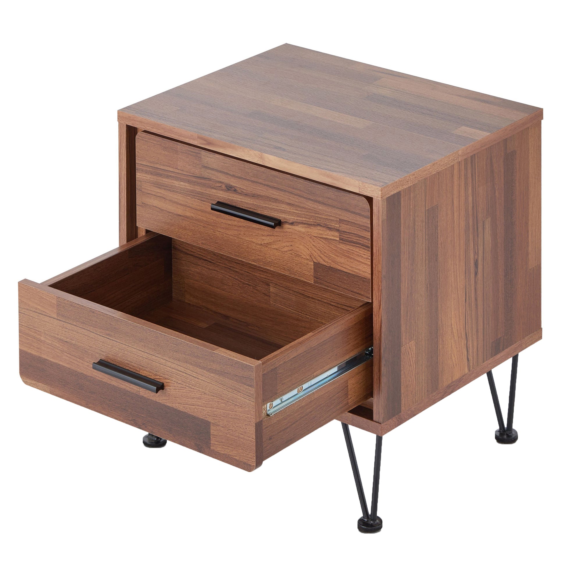 Modern walnut bedside table with open drawer and black hairpin legs