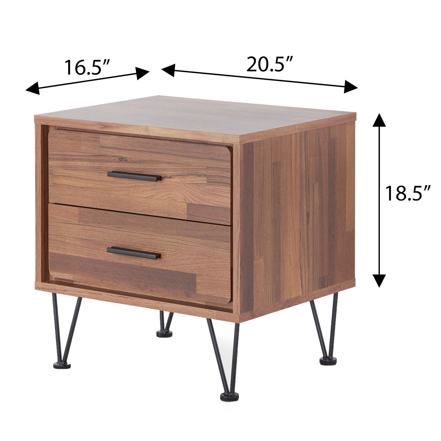 Walnut finish nightstand with two drawers and black hairpin legs  W