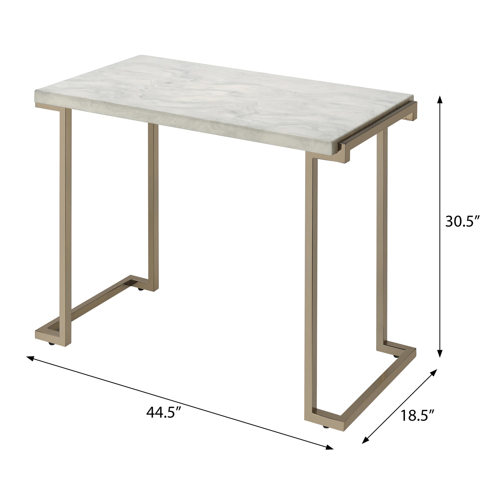 Modern rectangular side table with faux marble top and brass metal frame