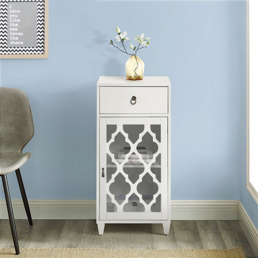 White accent cabinet with single drawer and geometric patterned glass door