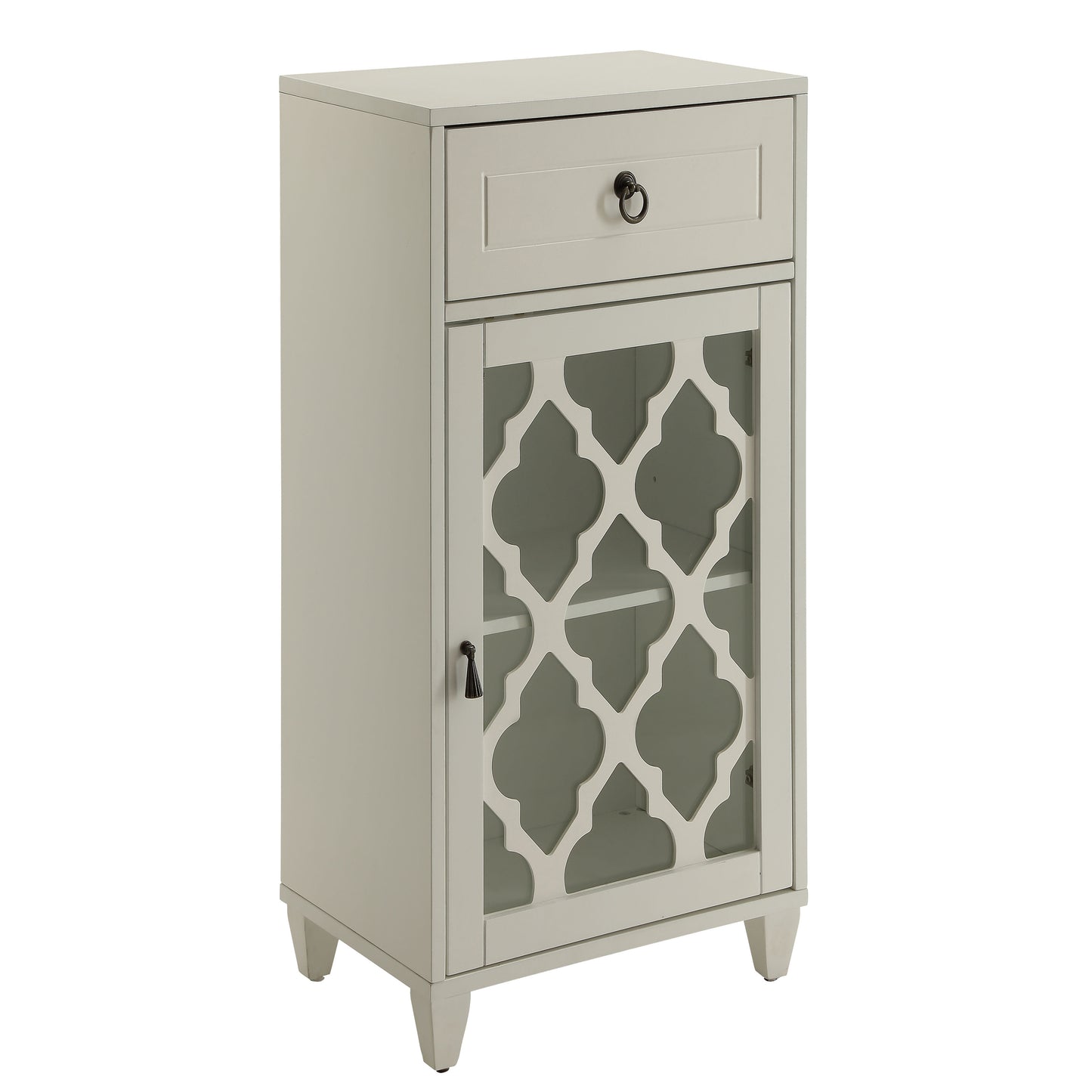 Grey accent cabinet with a single drawer and decorative glass door
