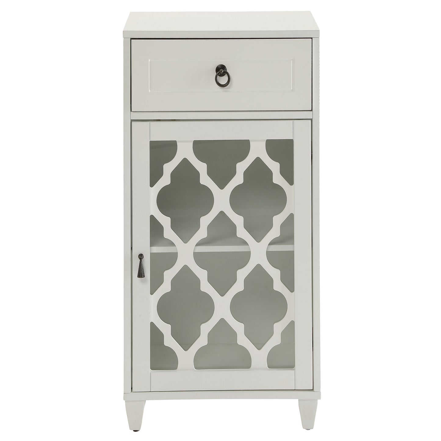 White accent cabinet with one drawer and a geometric patterned glass door