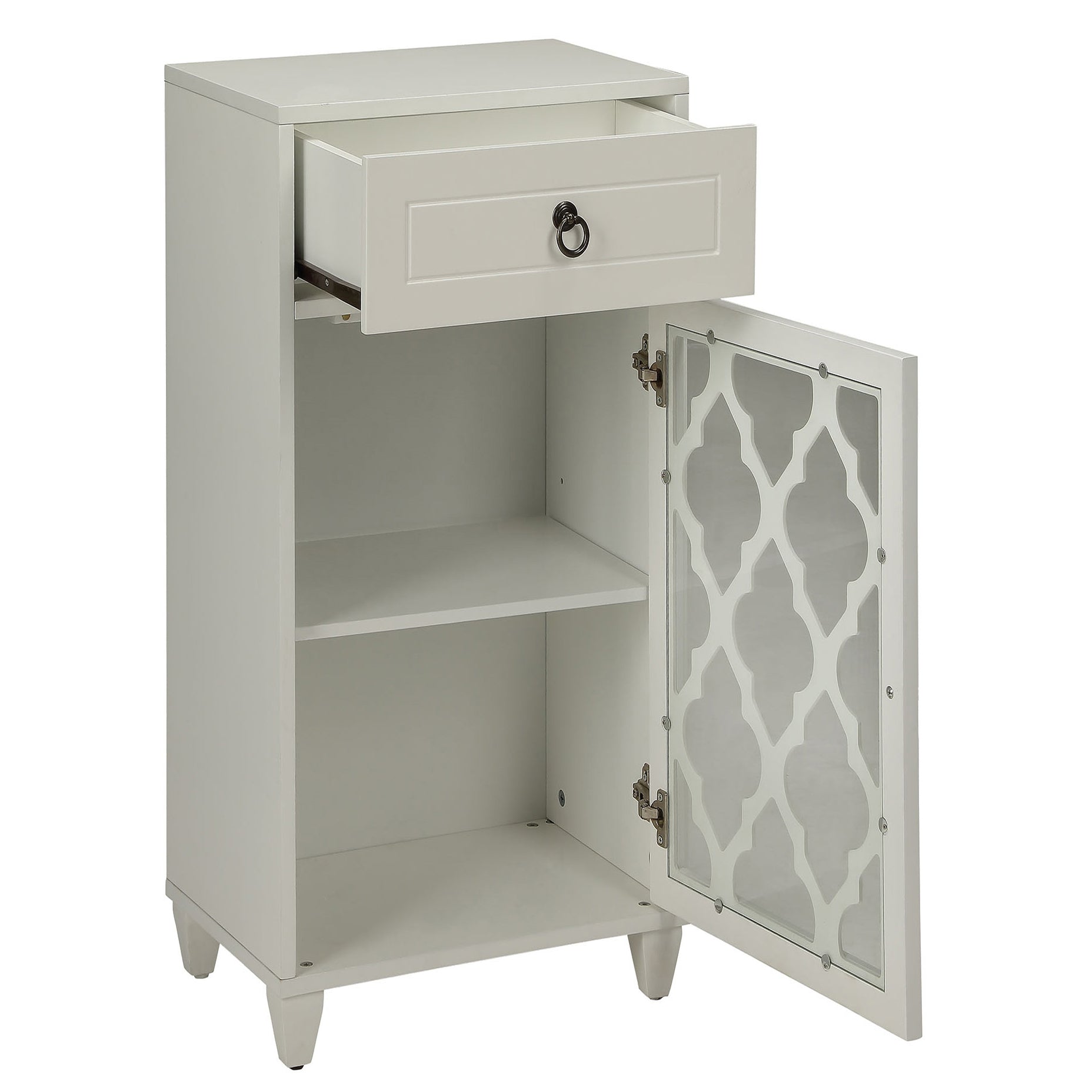 White accent cabinet with one drawer and a decorative glass door ideal for small spaces