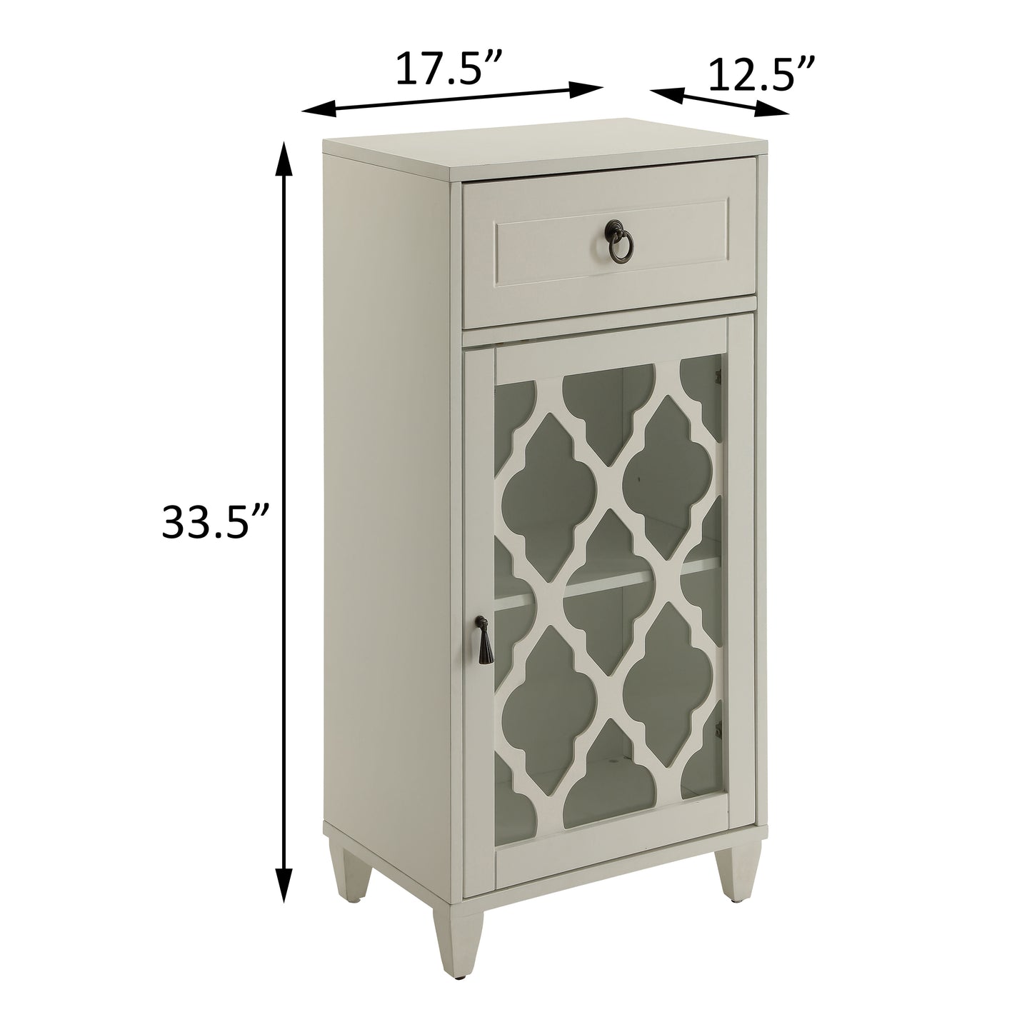 Gray accent cabinet with decorative quatrefoil glass door and brass knob