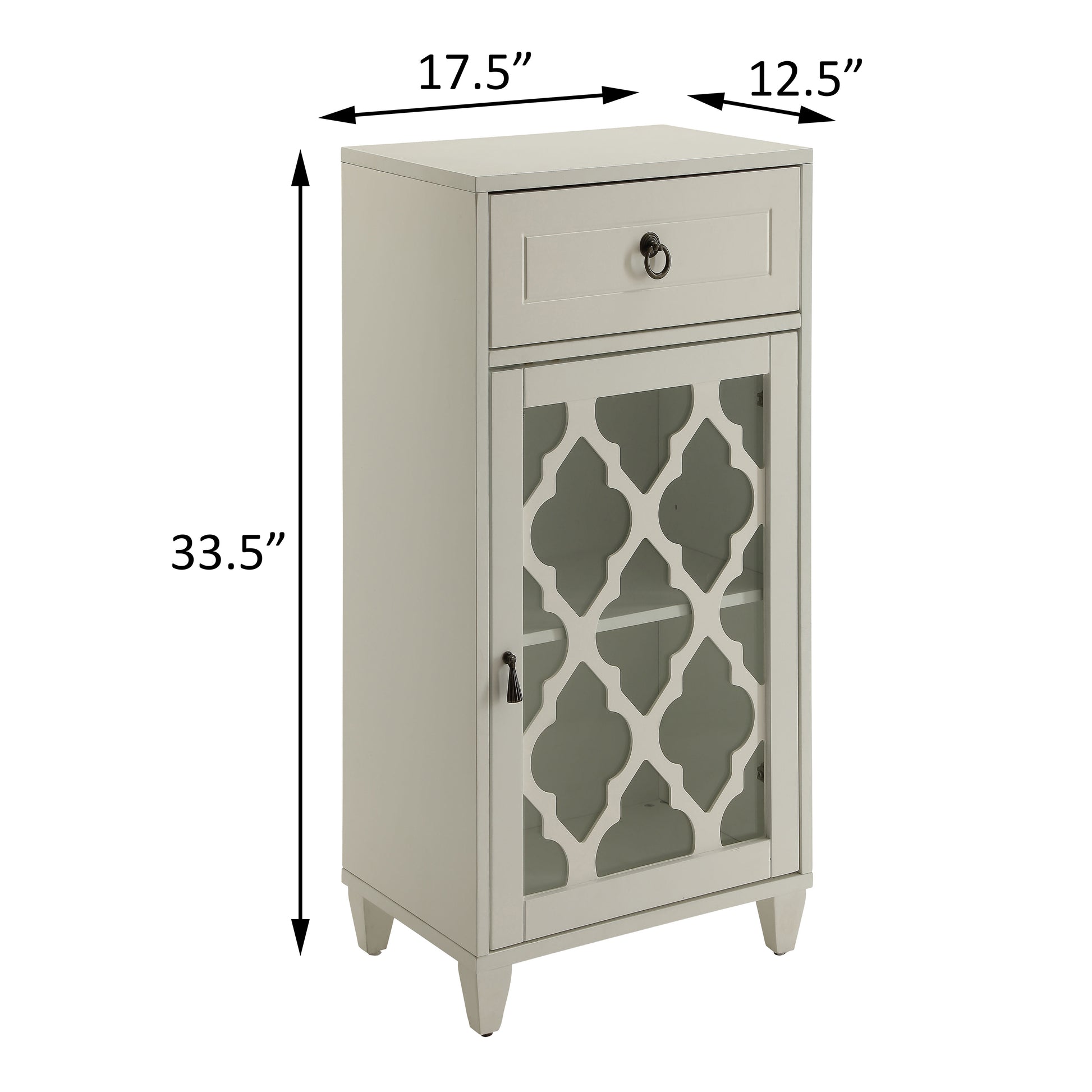 Gray accent cabinet with decorative quatrefoil glass door and brass knob