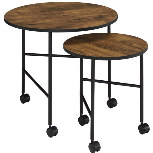 Round nesting coffee tables with rustic wood tops and black metal frames on casters