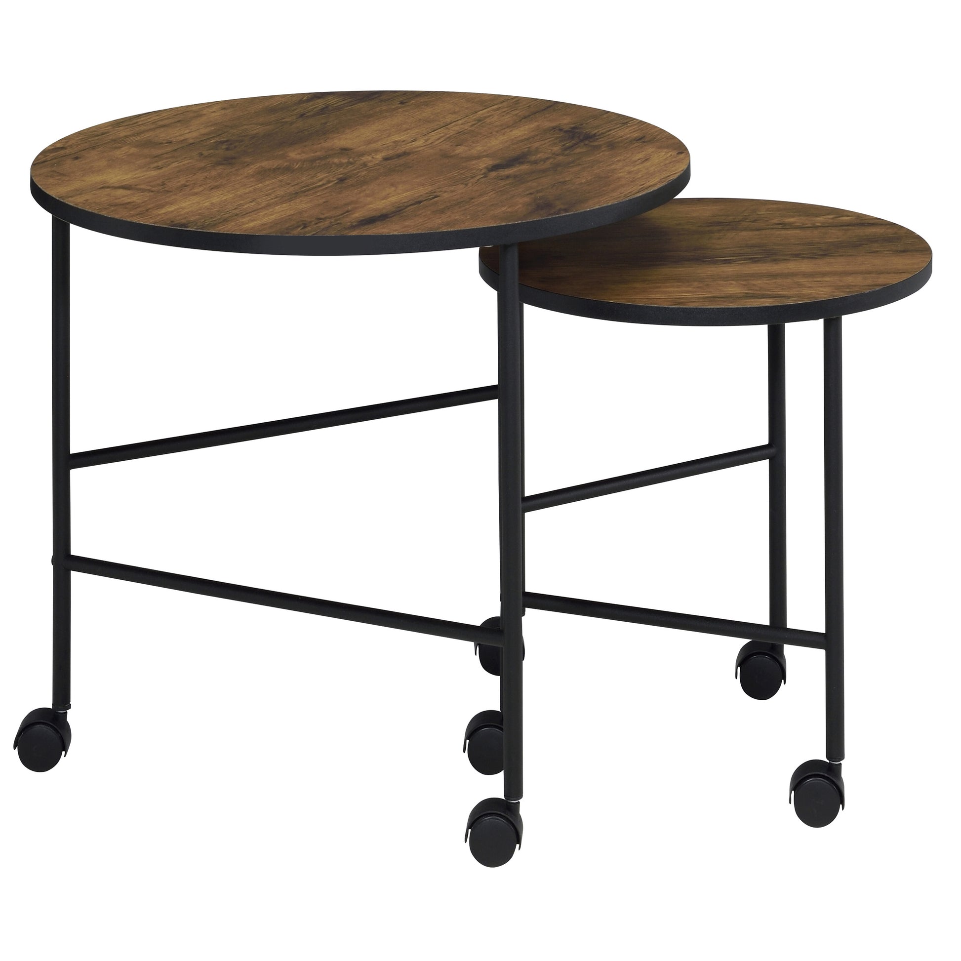 Twotiered round nesting tables with rustic woodgrain tops and black metal frames on wheels