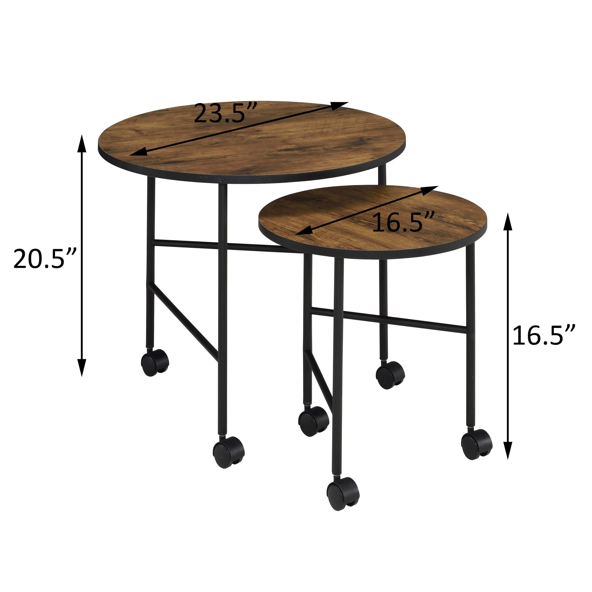 Rustic wood top nesting tables with black metal frame and casters for easy mobility