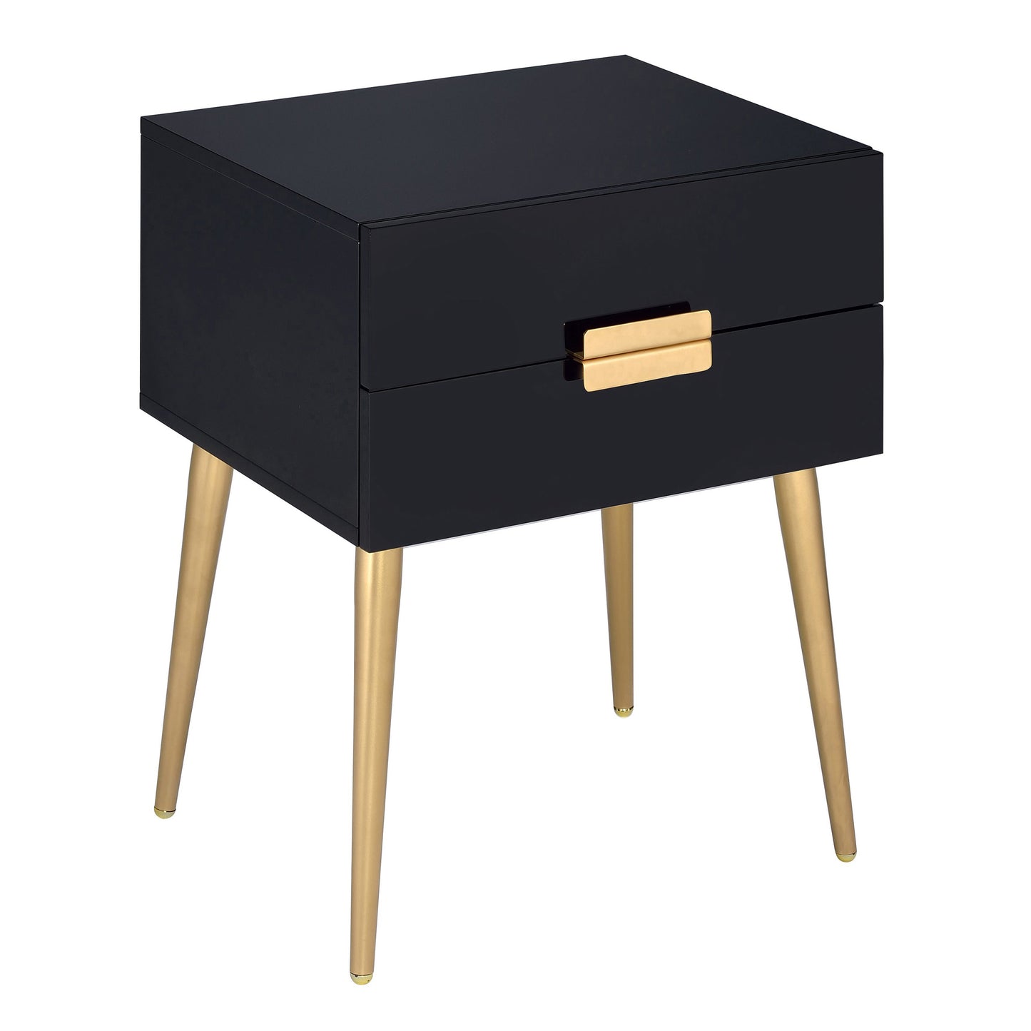 Sleek black nightstand with a gold handle two drawers and tapered gold legs