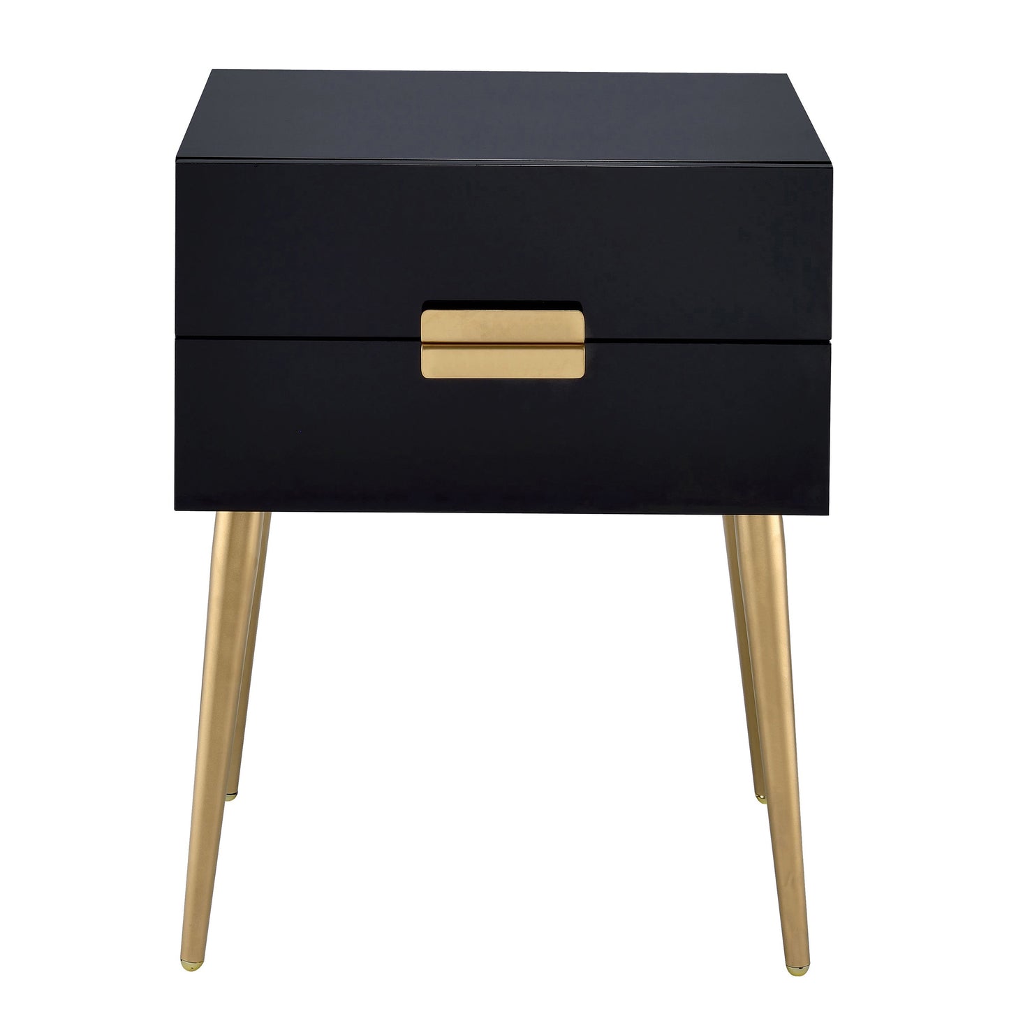 Sleek black modern nightstand with gold drawer pull and tapered gold legs