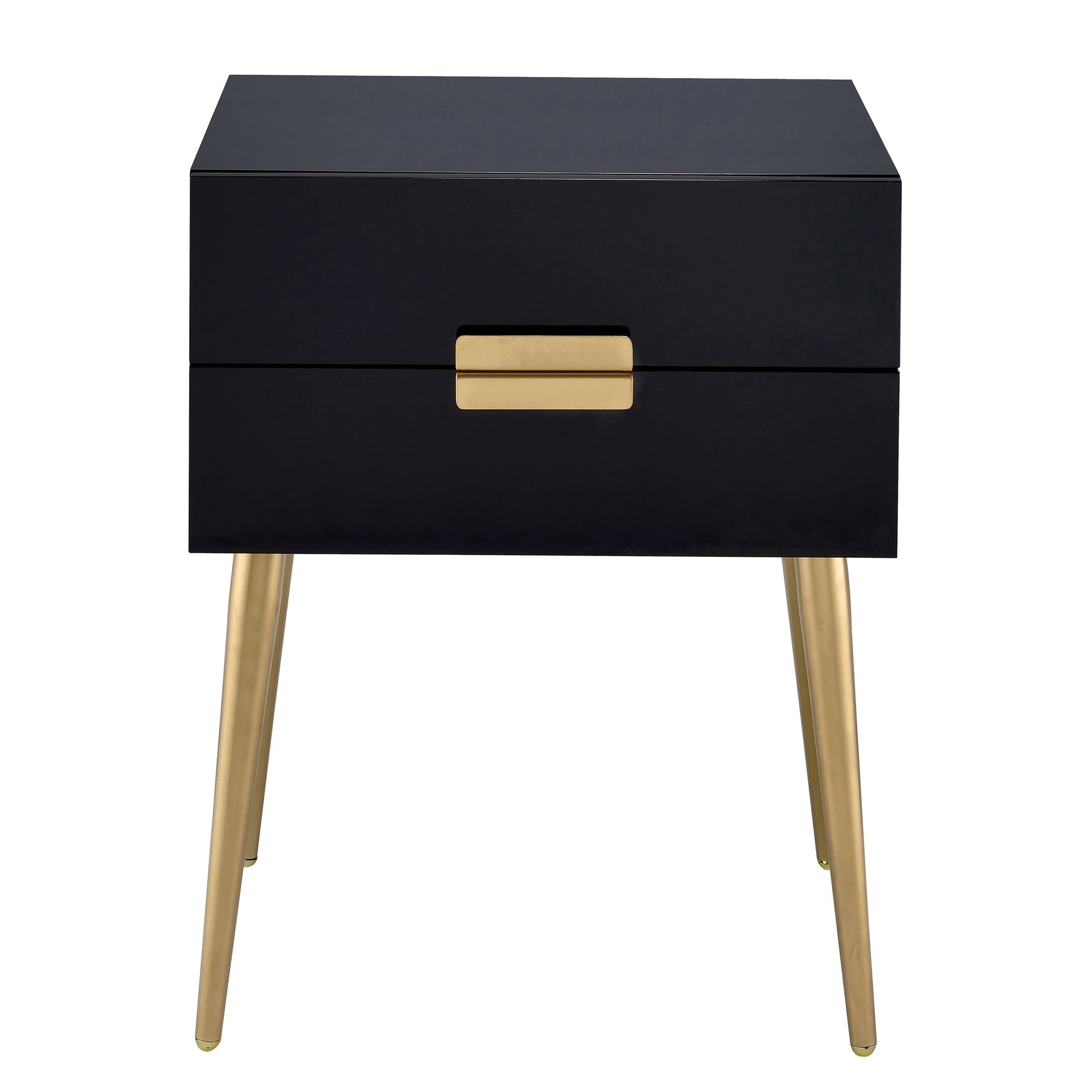 Sleek black modern nightstand with gold drawer pull and tapered gold legs