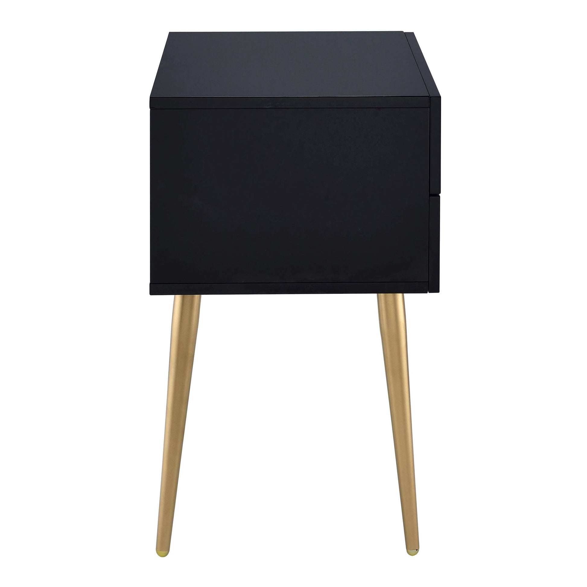 Sleek black modern nightstand with gold tapered legs two drawers
